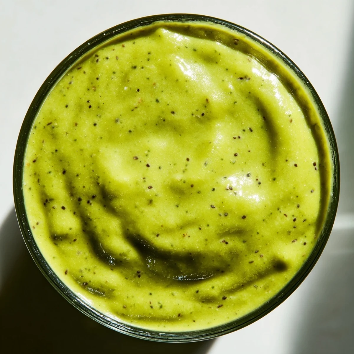 Green smoothie with kiwi and spinach in a glass, topped with chia seeds and a banana slice garnish.