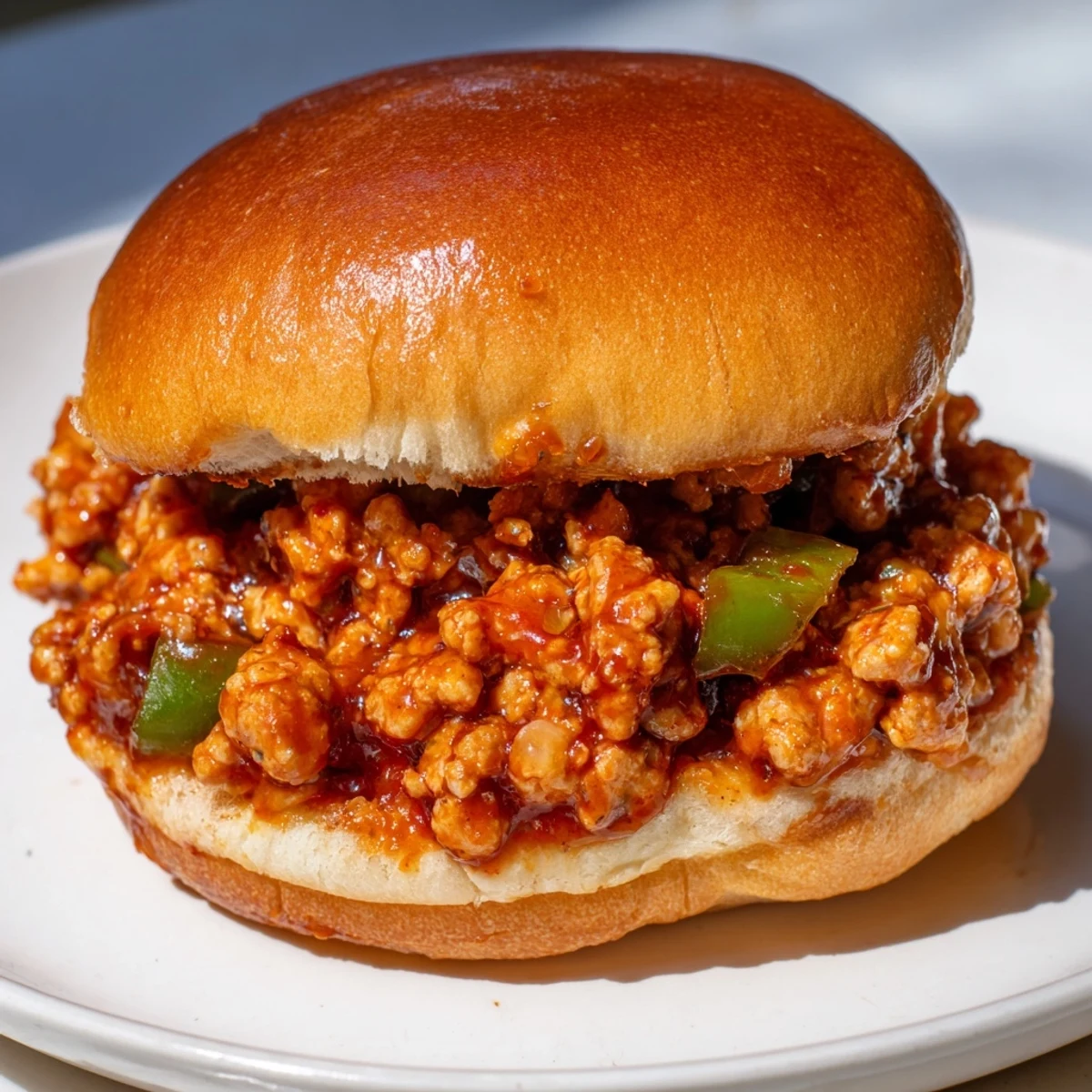 Steamed turkey sloppy joes on a soft toasted bun with a savory tomato sauce.  