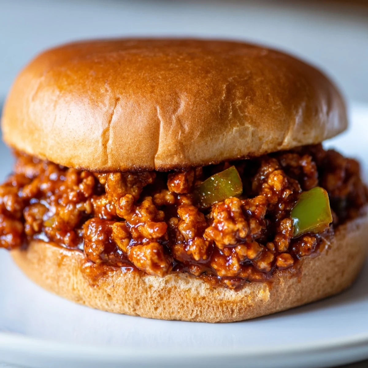 Homemade turkey sloppy joes on a bun, served hot with a side pickle.