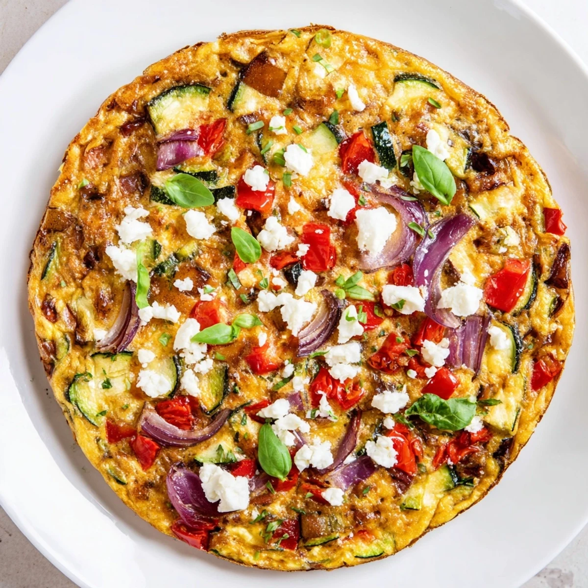 A slice of roasted vegetable frittata with goat cheese sits on a white plate, revealing golden egg layers and caramelized red bell peppers, zucchini, and tomatoes.