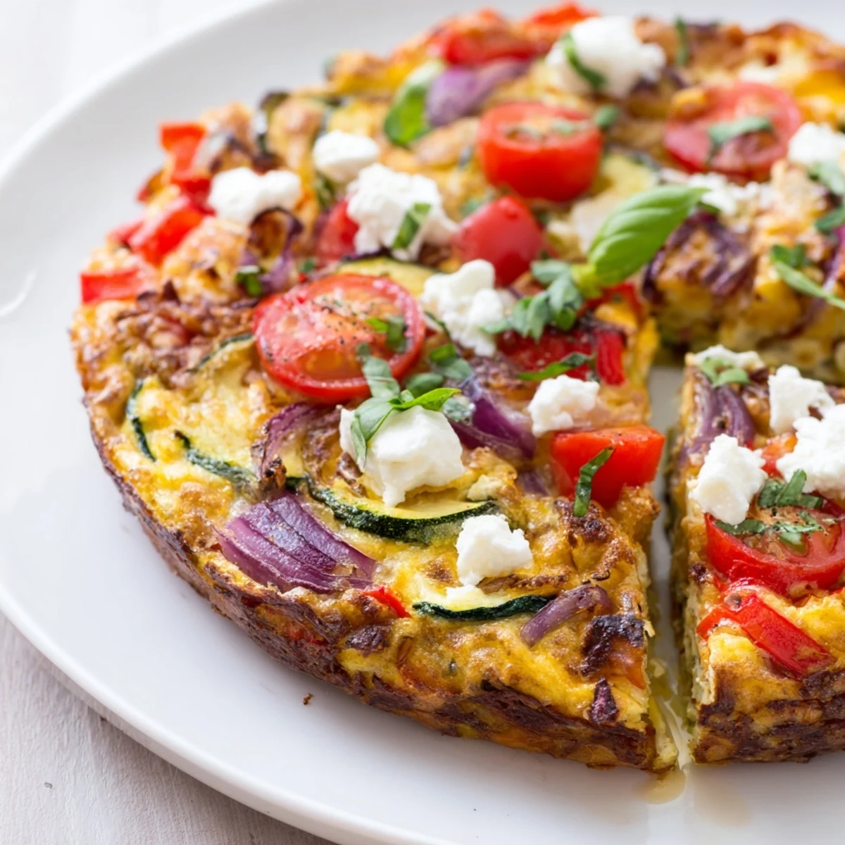 Fresh basil garnishes a warm slice of roasted vegetable frittata with goat cheese, served alongside a crisp green salad for a light vegetarian brunch.