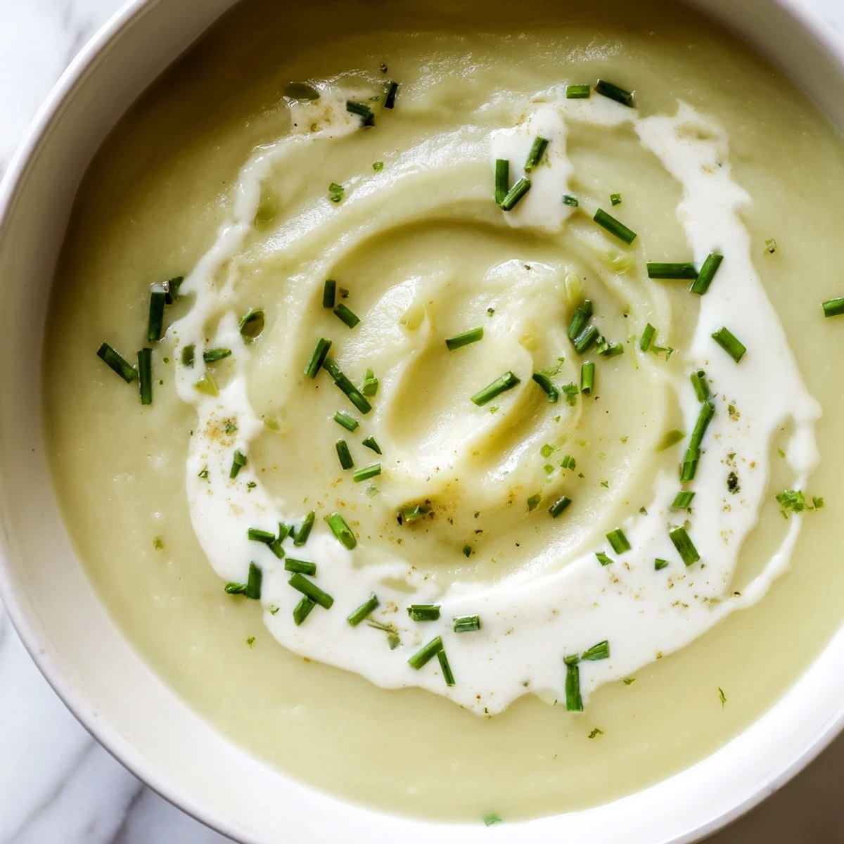 Steaming bowl of Creamy Leek and Potato Soup with silky texture, perfect for a cozy chilly evening.  