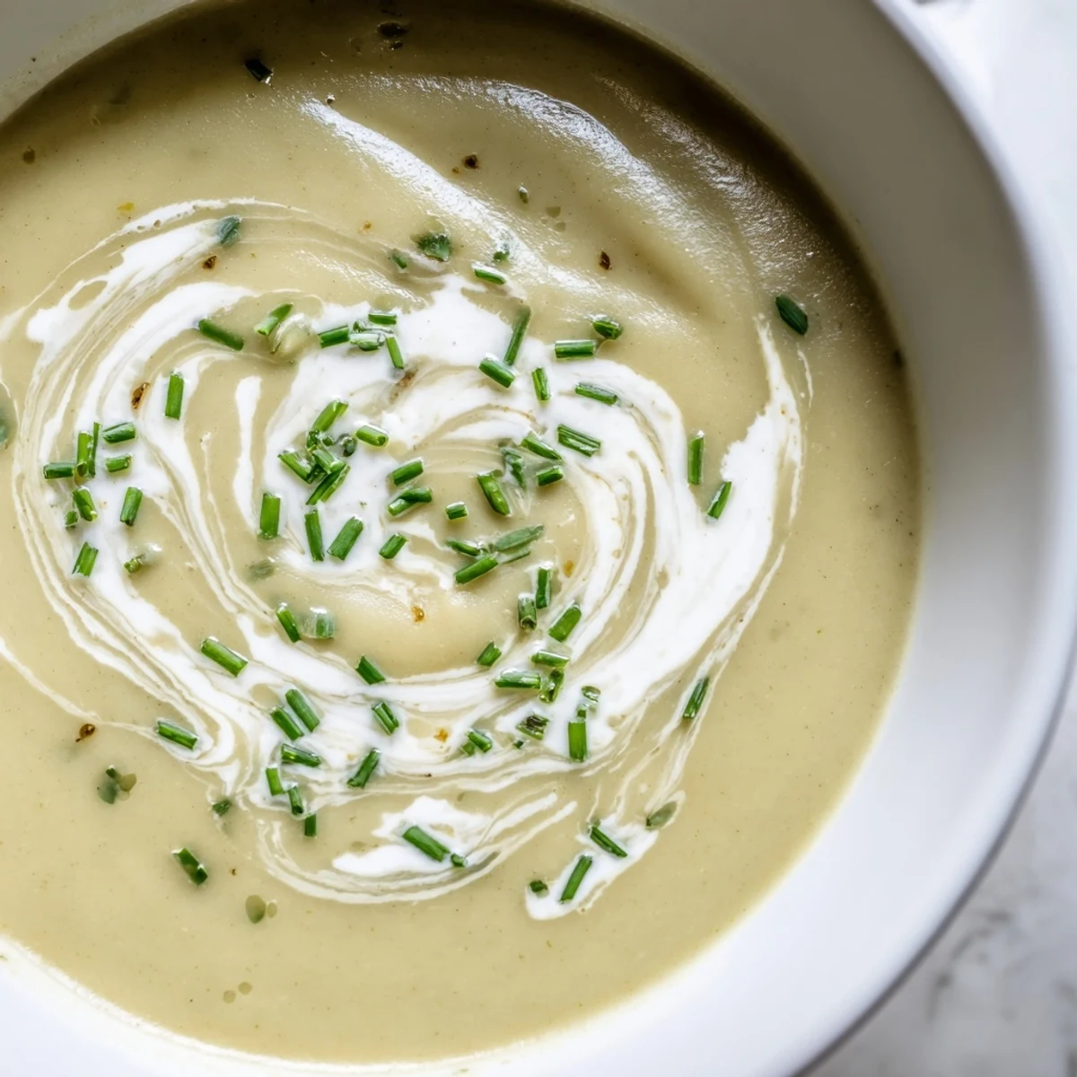 A spoon dips into Creamy Leek and Potato Soup, showing its velvety, pale green puree and fresh garnish.