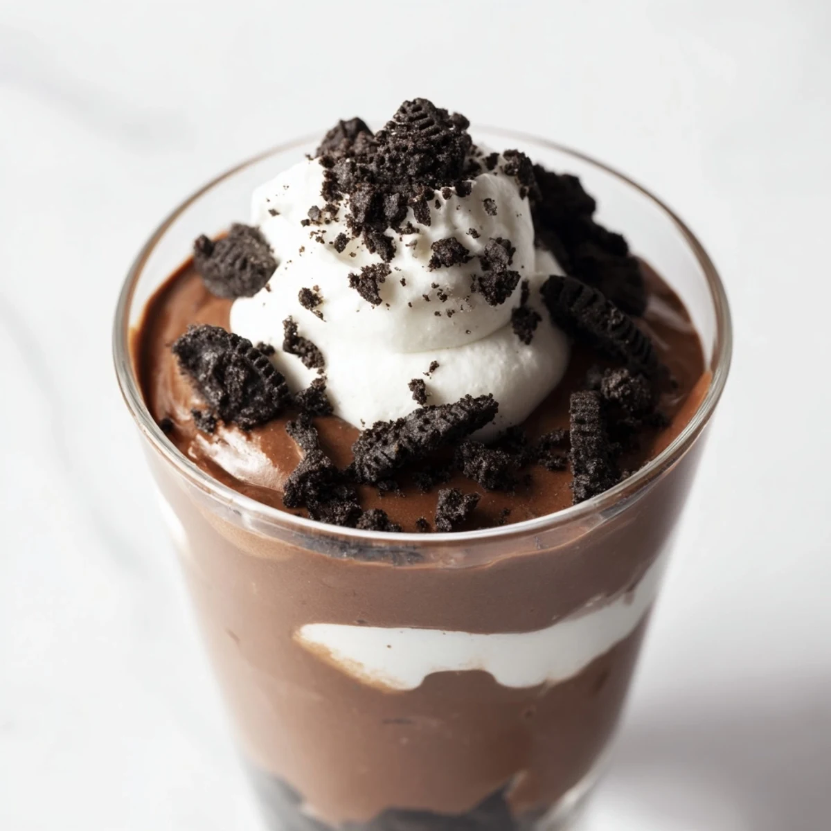 A chilled chocolate pudding parfait with cookie crumbs and whipped cream, ready to serve in elegant glasses.