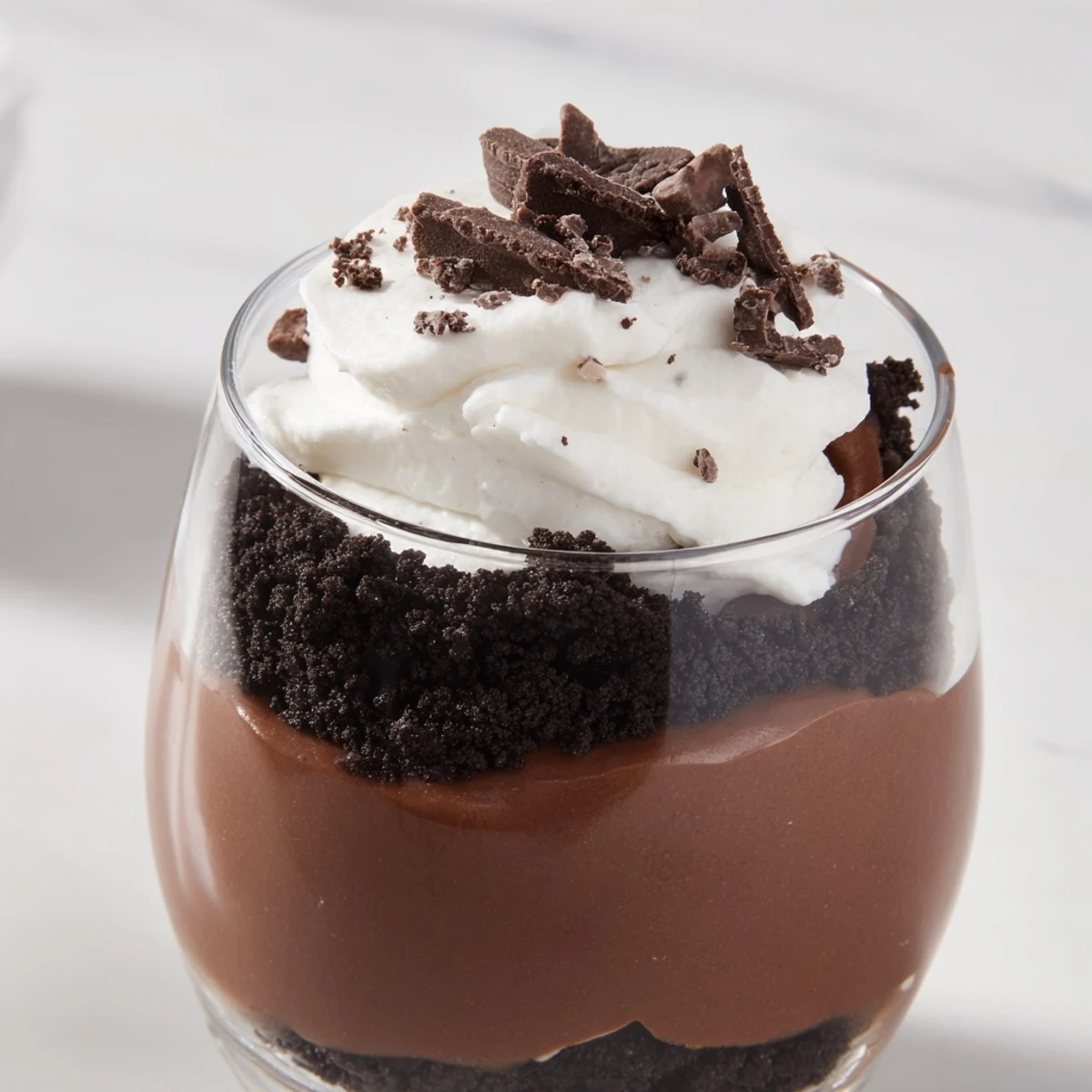 Layers of rich chocolate pudding, crushed chocolate cookies, and soft whipped cream topped with shavings.