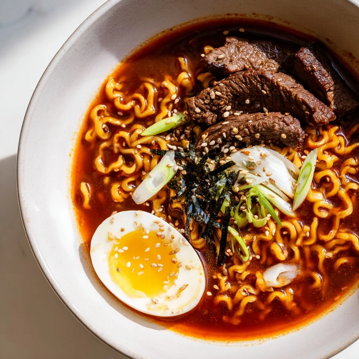 Topped with halved soft-boiled eggs and sesame seeds, a steaming bowl of Spicy Beef Ramen sits ready to serve.