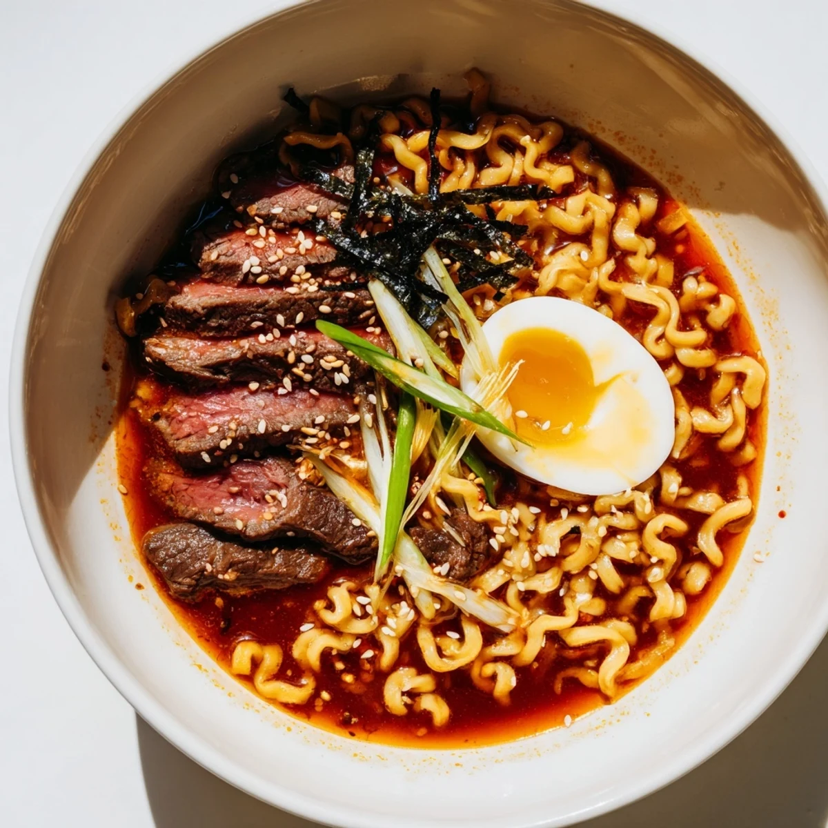 Fresh bean sprouts and nori garnish this spicy beef ramen, revealing tender beef slices and chewy noodles beneath.
