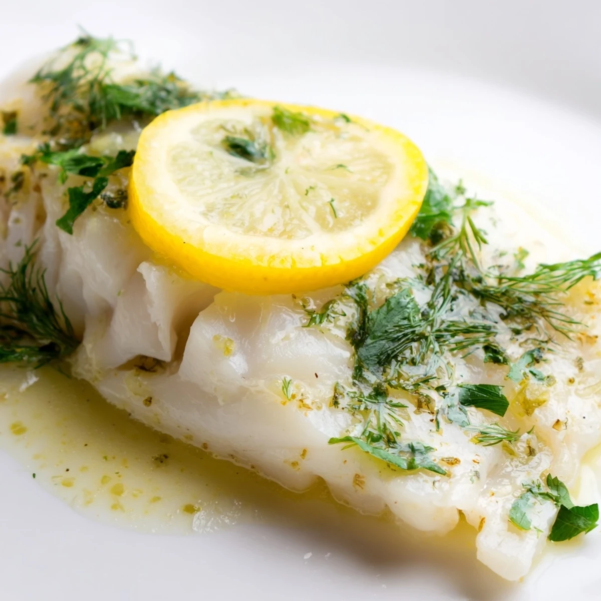 Flaky baked white fish fillets glazed with a bright lemon butter sauce, garnished with fresh parsley and lemon slices.
