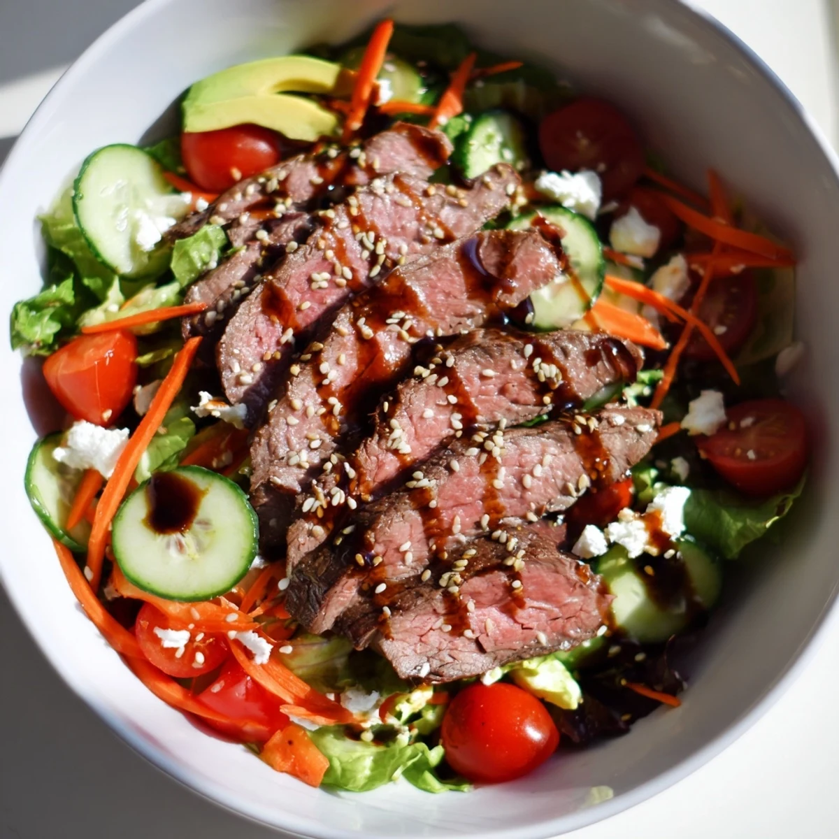 A vibrant beef salad bowl with tender grilled steak, crisp veggies, and a drizzle of zesty dressing ready to serve.