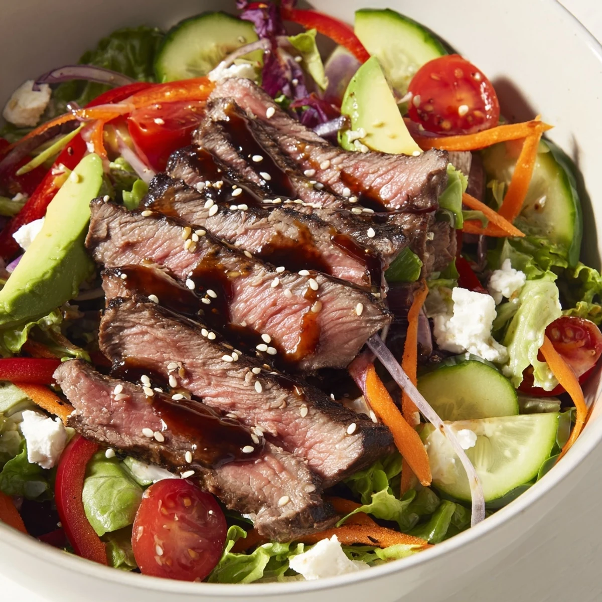 A hearty gluten-free beef salad bowl topped with seeds and feta, perfect for a quick weeknight dinner.