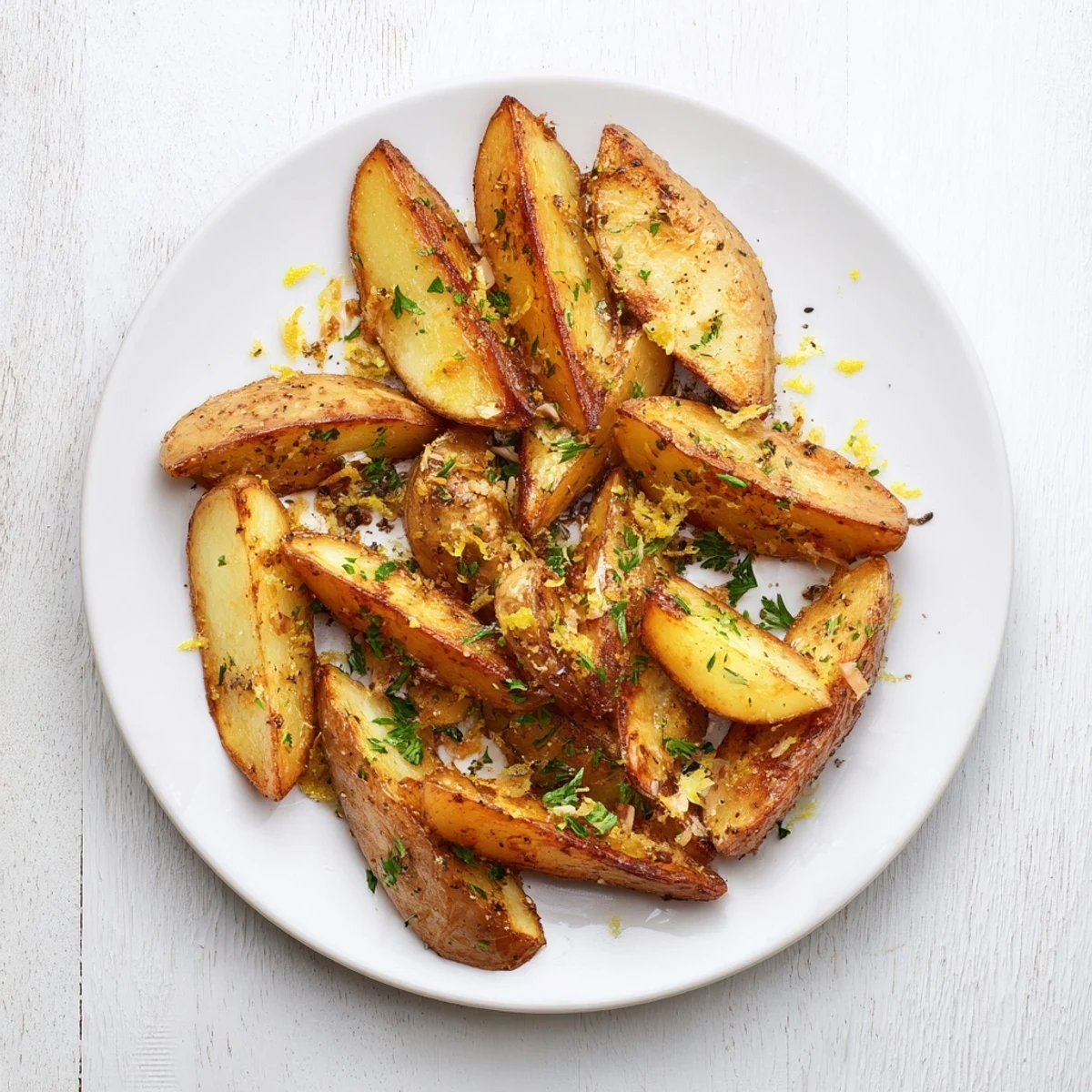 Roasted Lemon Herb Potato Wedges on a rustic wooden board, ready to be enjoyed as a Mediterranean side dish.