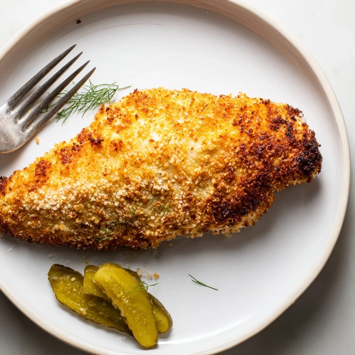 Golden-brown Crispy Dill Pickle Parmesan Chicken, ready to eat, with visible crunchy breading.