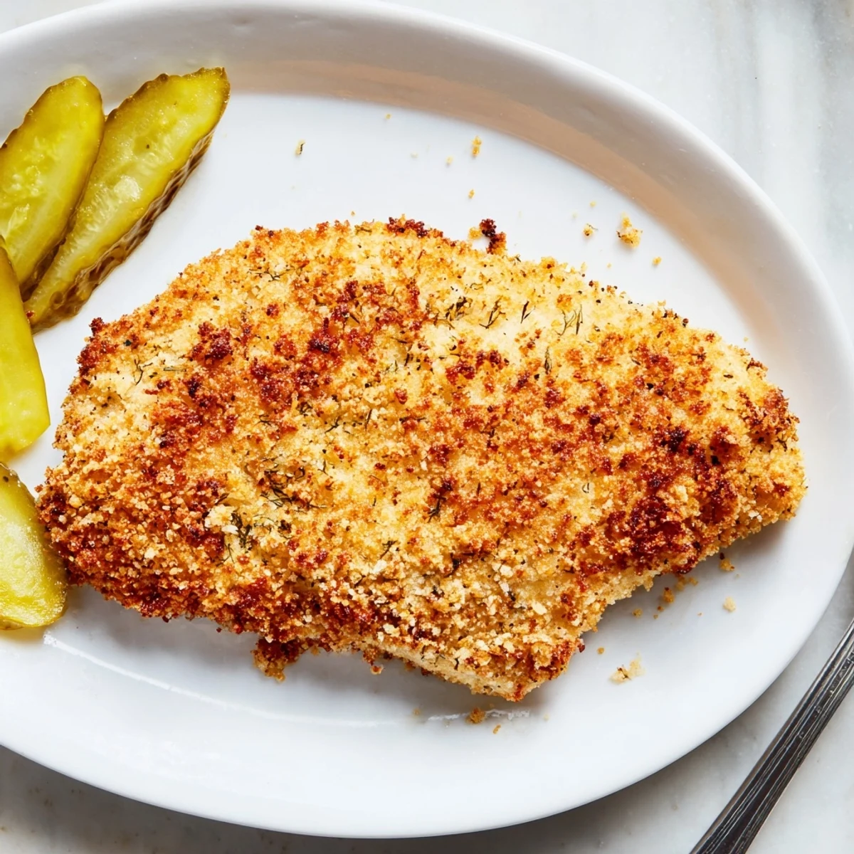 Plated, juicy Crispy Dill Pickle Parmesan Chicken, served with pickles and a creamy dipping sauce.