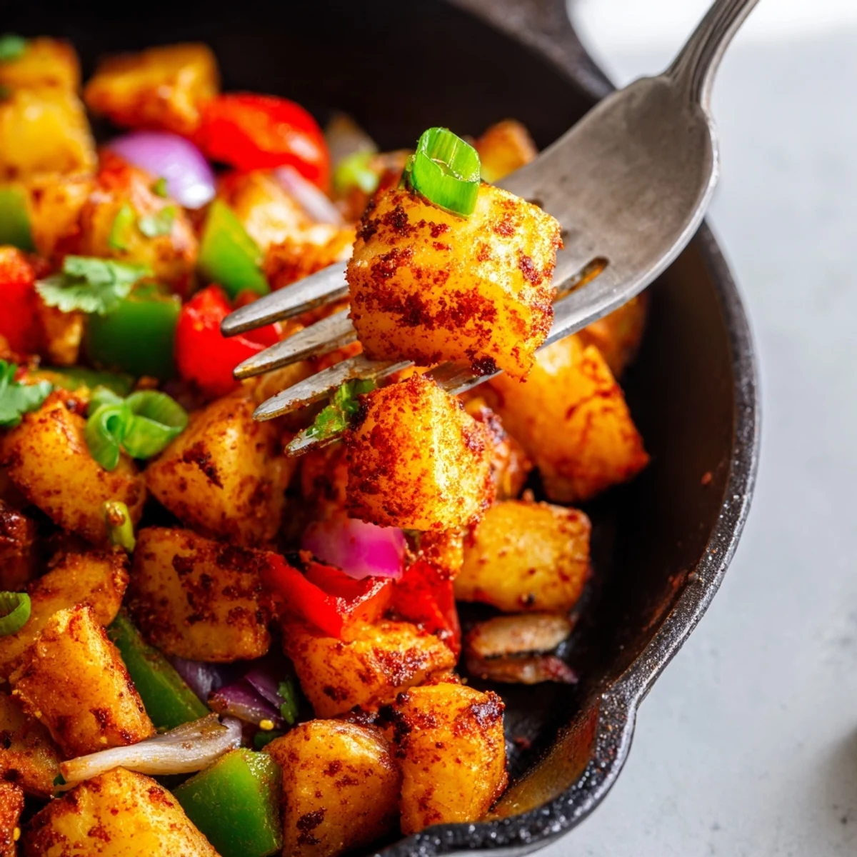 Serving the hearty, zesty Spicy Brunch Hash Potato garnished with fresh cilantro and a drizzle of hot sauce.
