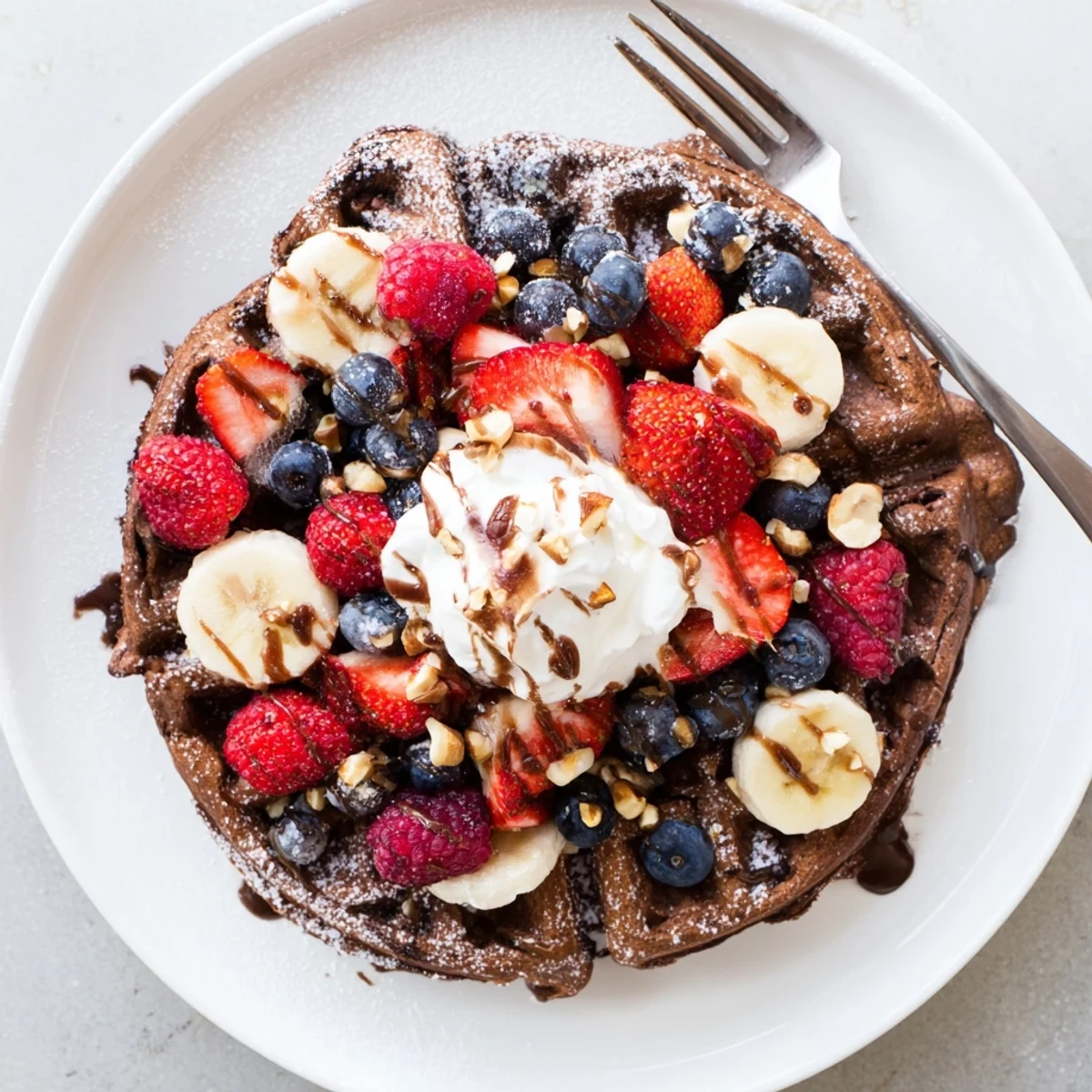 A close-up of fluffy chocolate waffles topped with fresh berries, banana slices, and a dollop of whipped cream.  