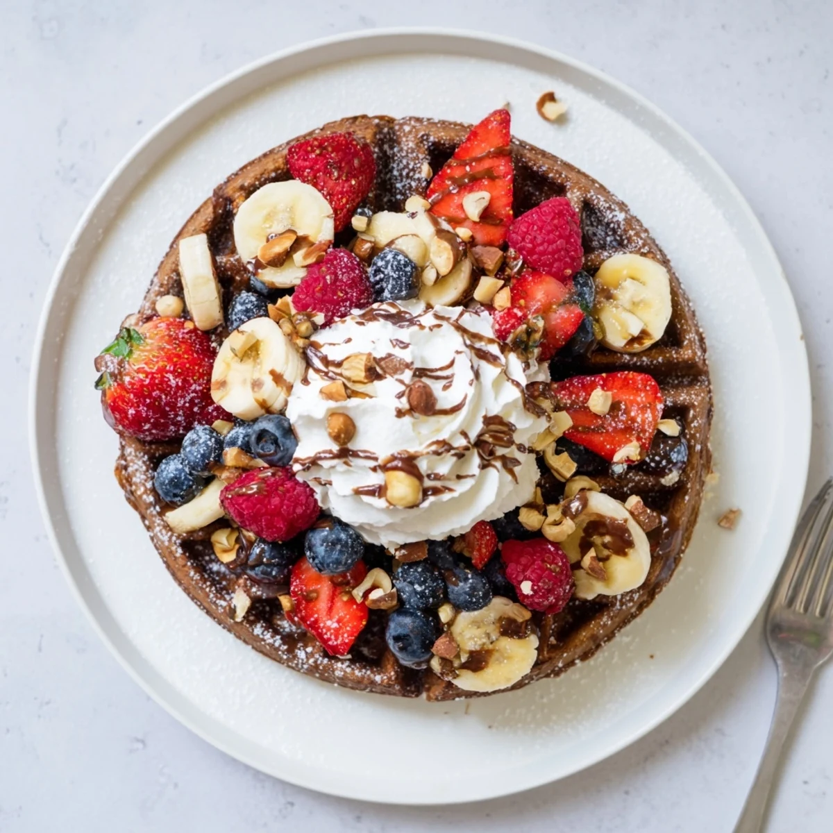 Golden-brown Chocolate Brunch Waffle Fruit with mixed berries, sliced bananas, and a dusting of powdered sugar.  