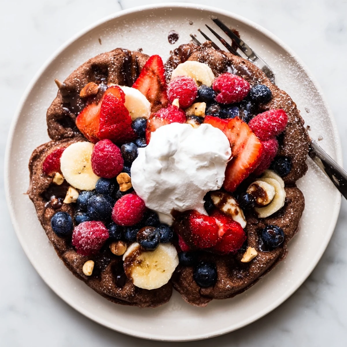Indulgent brunch plate featuring warm chocolate waffles, vibrant fruit, and a drizzle of chocolate syrup.