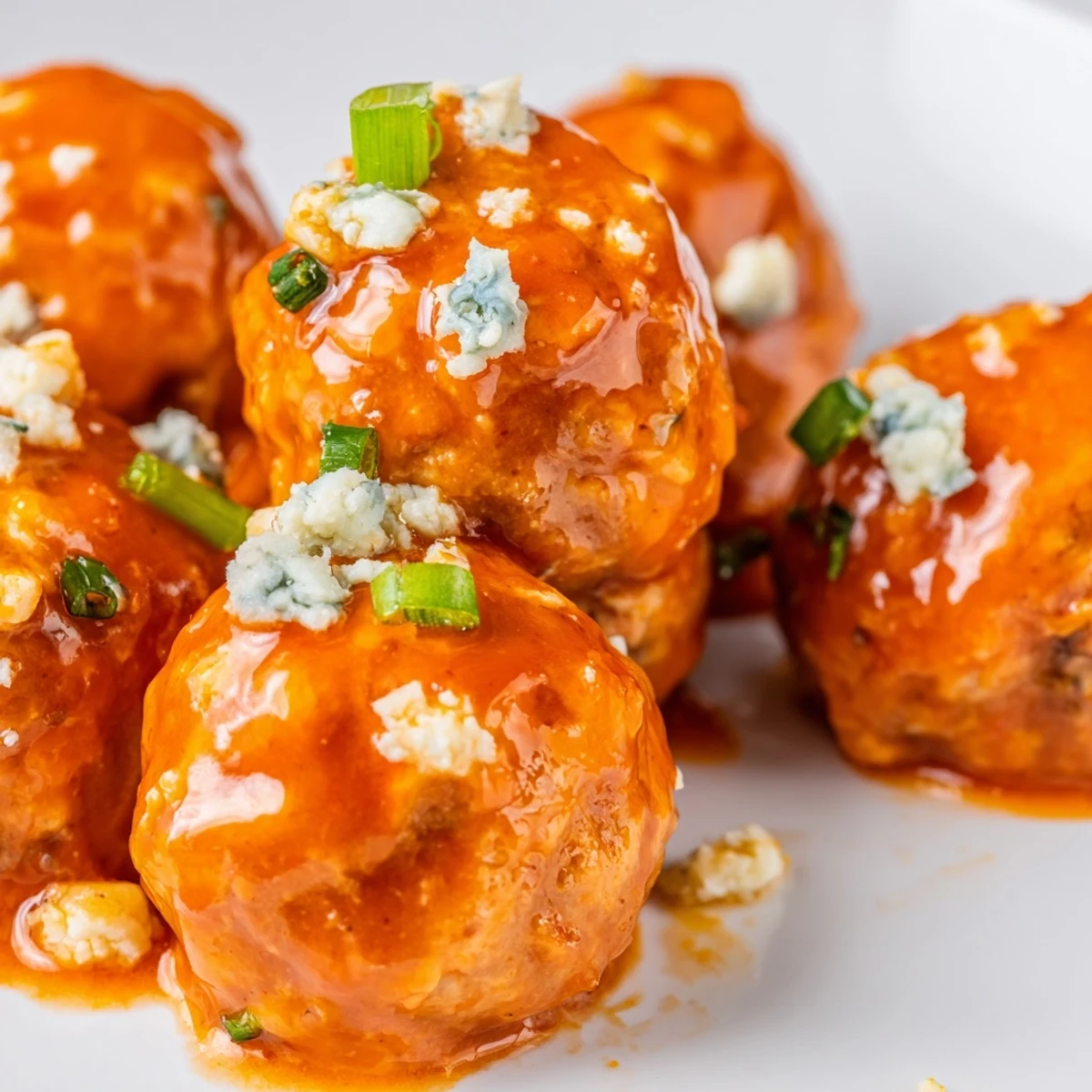 Golden-brown End Zone Buffalo Chicken Meatballs ready for game day, tossed in tangy sauce and garnished with fresh green onions on a platter.