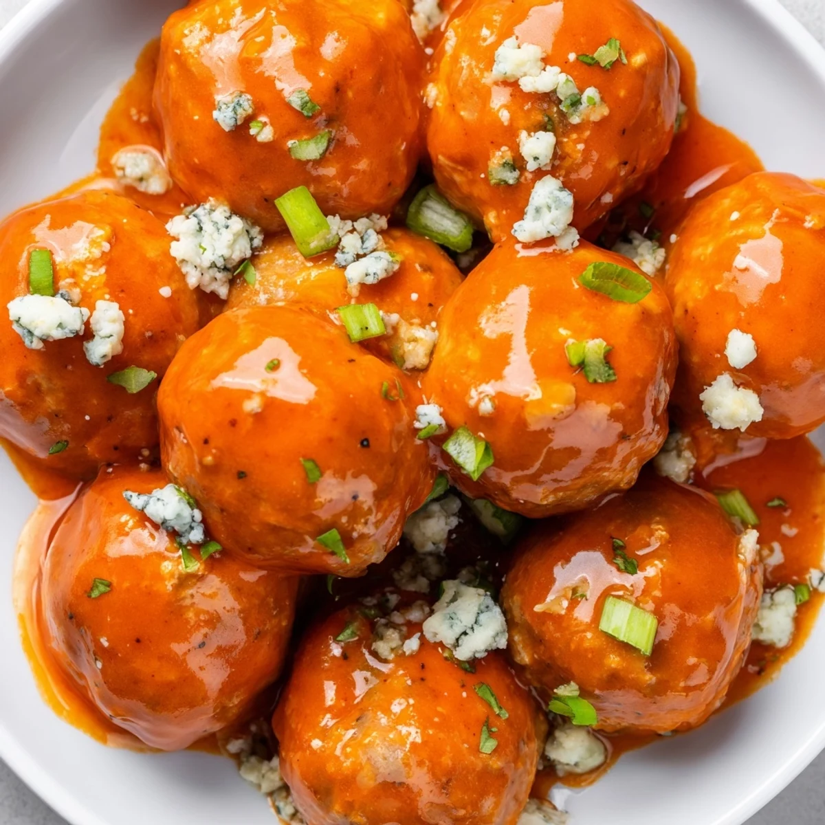 Juicy End Zone Buffalo Chicken Meatballs glistening with spicy orange sauce, baked to perfection and served as a crowd-pleasing party appetizer.