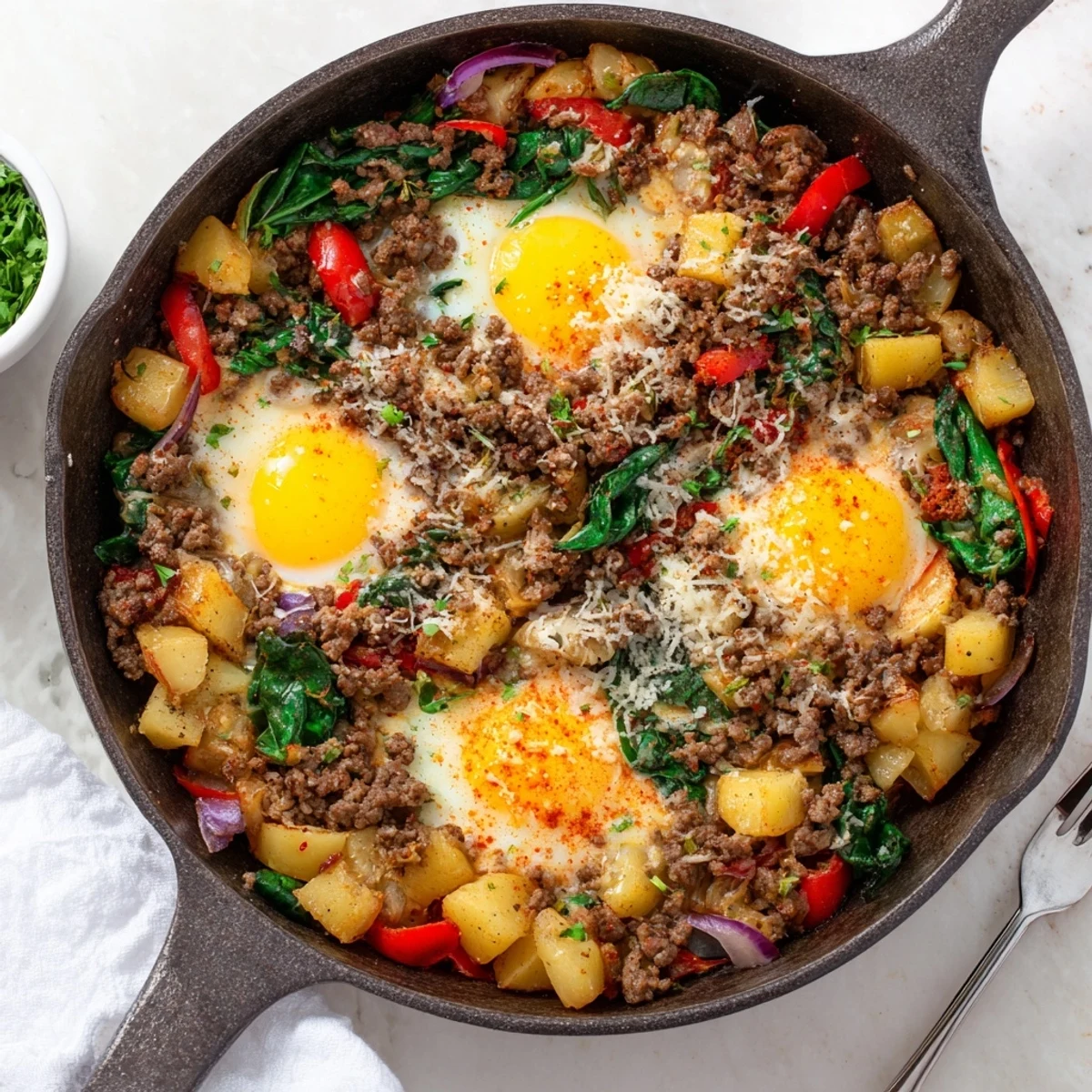 A close-up view shows tender ground beef and sautéed red bell peppers in a cast-iron skillet, topped with four perfectly set baked eggs.