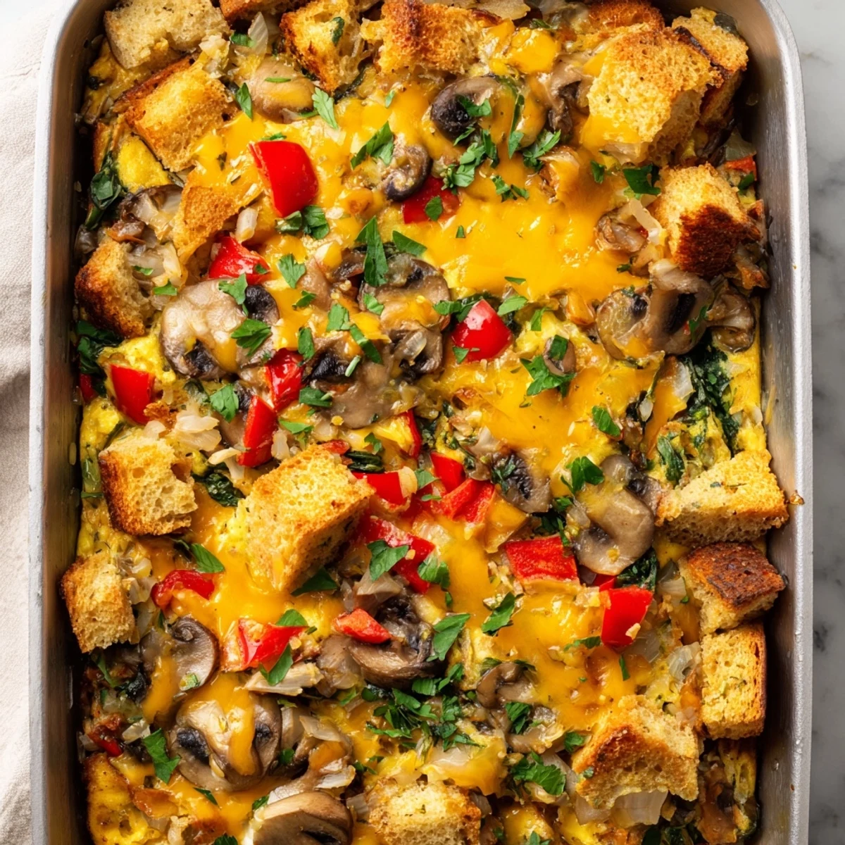 Freshly baked Winter Brunch Egg Casserole with golden cheese bubbling over egg-soaked bread cubes and colorful sautéed vegetables.