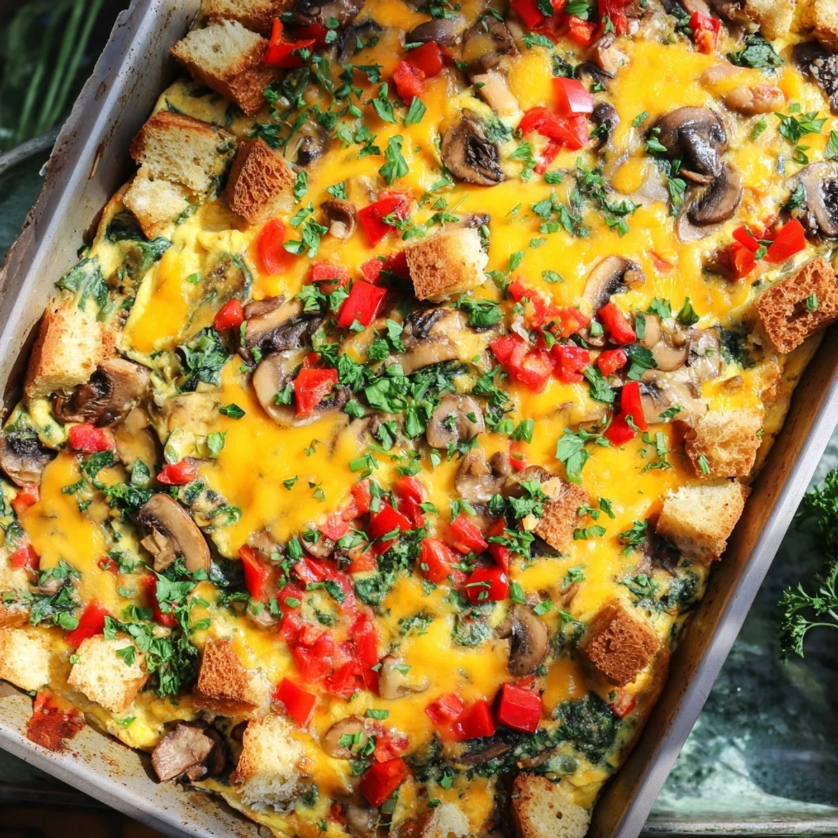 A close-up of the bubbling Winter Brunch Egg Casserole, highlighting its cheesy topping and hearty interior texture.