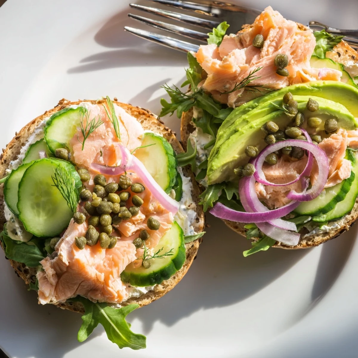 Golden toasted bagel halves layered with herbed cream cheese, flaked baked salmon, crisp cucumber, red onion, and avocado slices, topped with briny capers and fresh arugula.