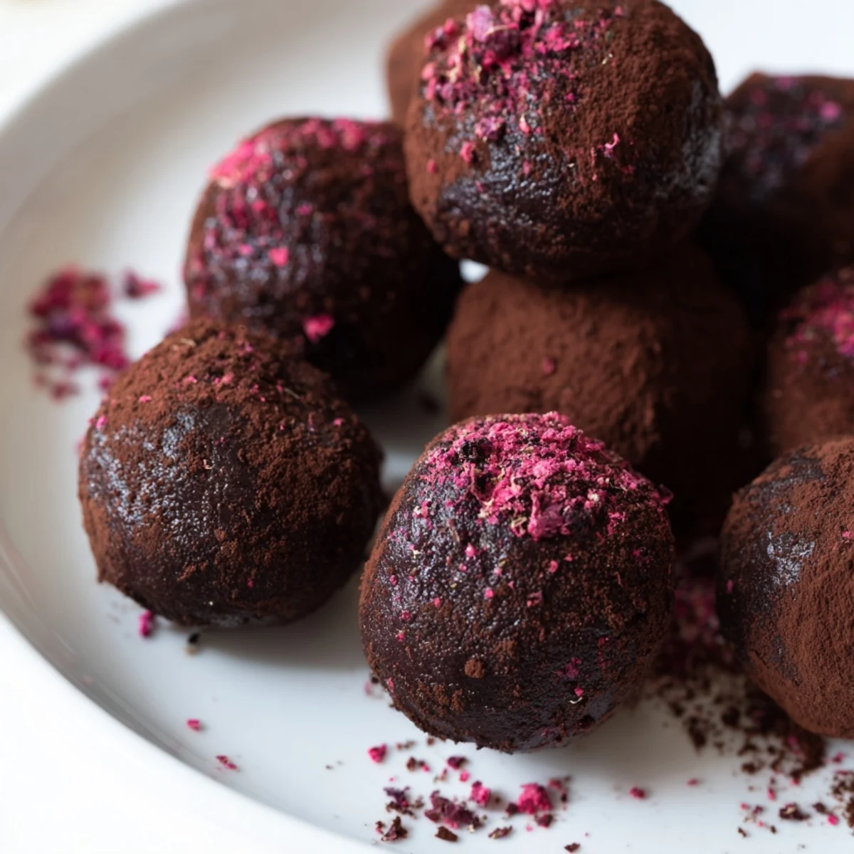 Glossy Romantic Chocolate Truffles dipped in melted dark chocolate, scattered with chopped hazelnuts on a parchment-lined tray.