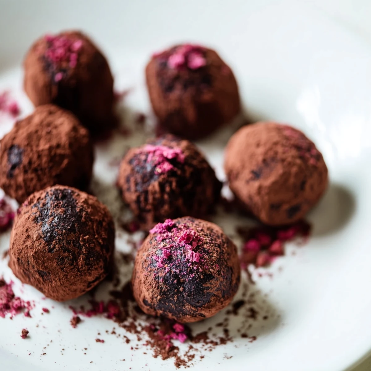 Soft Romantic Chocolate Truffles dusted with freeze-dried raspberry powder, offering a tart contrast to the decadent ganache filling.