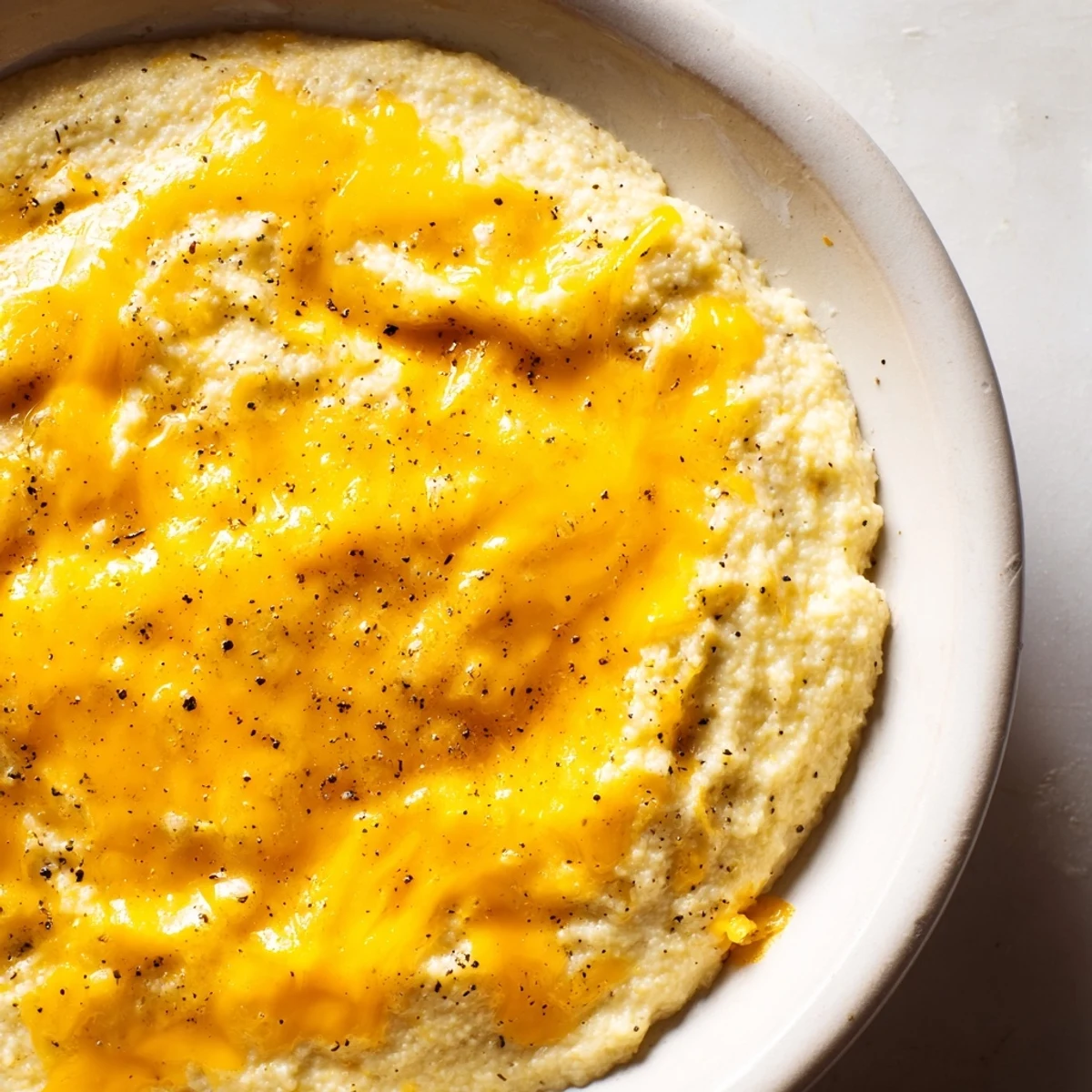 Creamy Brunch Cheese Grits served warm in a rustic bowl, topped with extra sharp cheddar and chopped green chives.