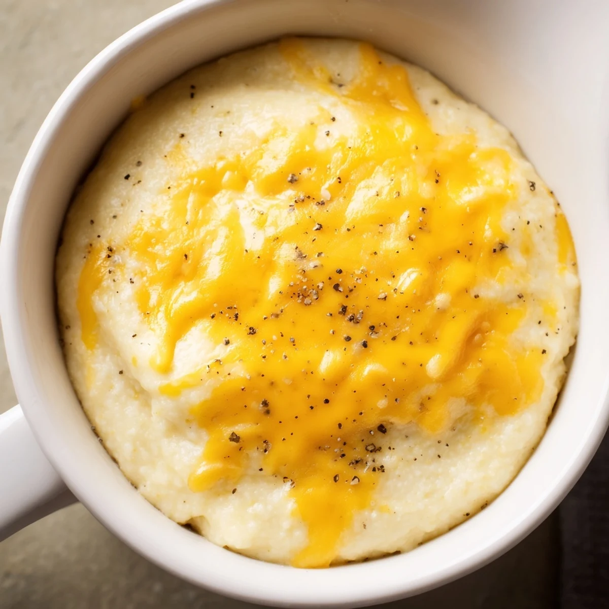 Southern-style Creamy Brunch Cheese Grits garnished with cracked black pepper, ready for a hearty vegetarian breakfast or brunch.