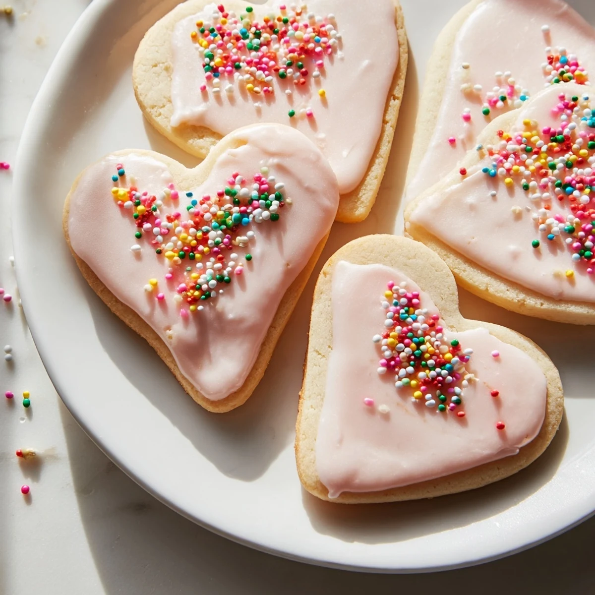Freshly baked Sweetheart Sugar Cookies with a glossy vanilla glaze and festive red sprinkles, arranged on a cooling rack.