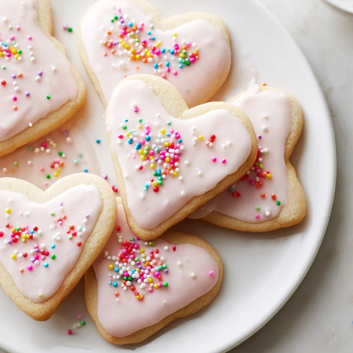 Perfectly iced Sweetheart Sugar Cookies with colorful sugar topping, stacked on a white plate for a romantic Valentine's Day treat.