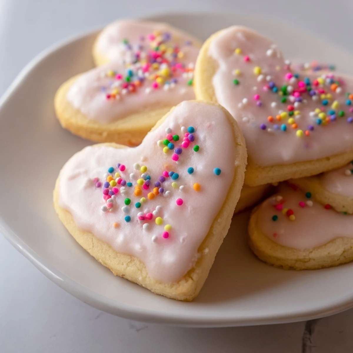 Heart-shaped Sweetheart Sugar Cookies with pink glaze drizzle, displayed on a marble countertop with a milk pitcher nearby.