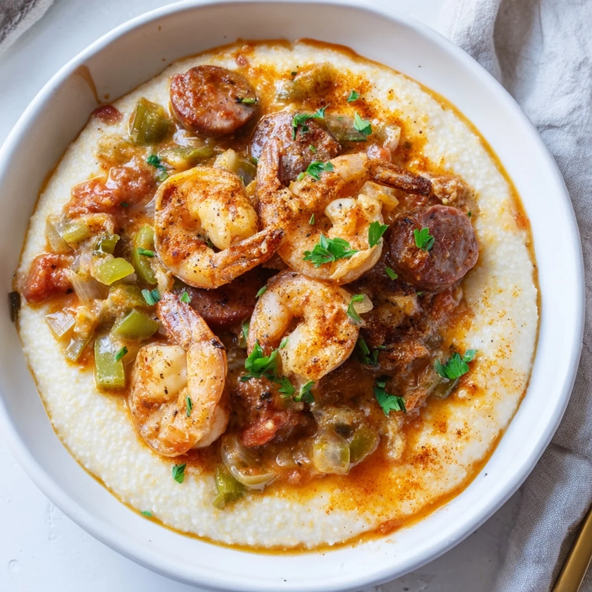 Creamy cheddar grits topped with spicy Creole shrimp and a rich, chunky tomato sauce for a hearty Southern dinner.
