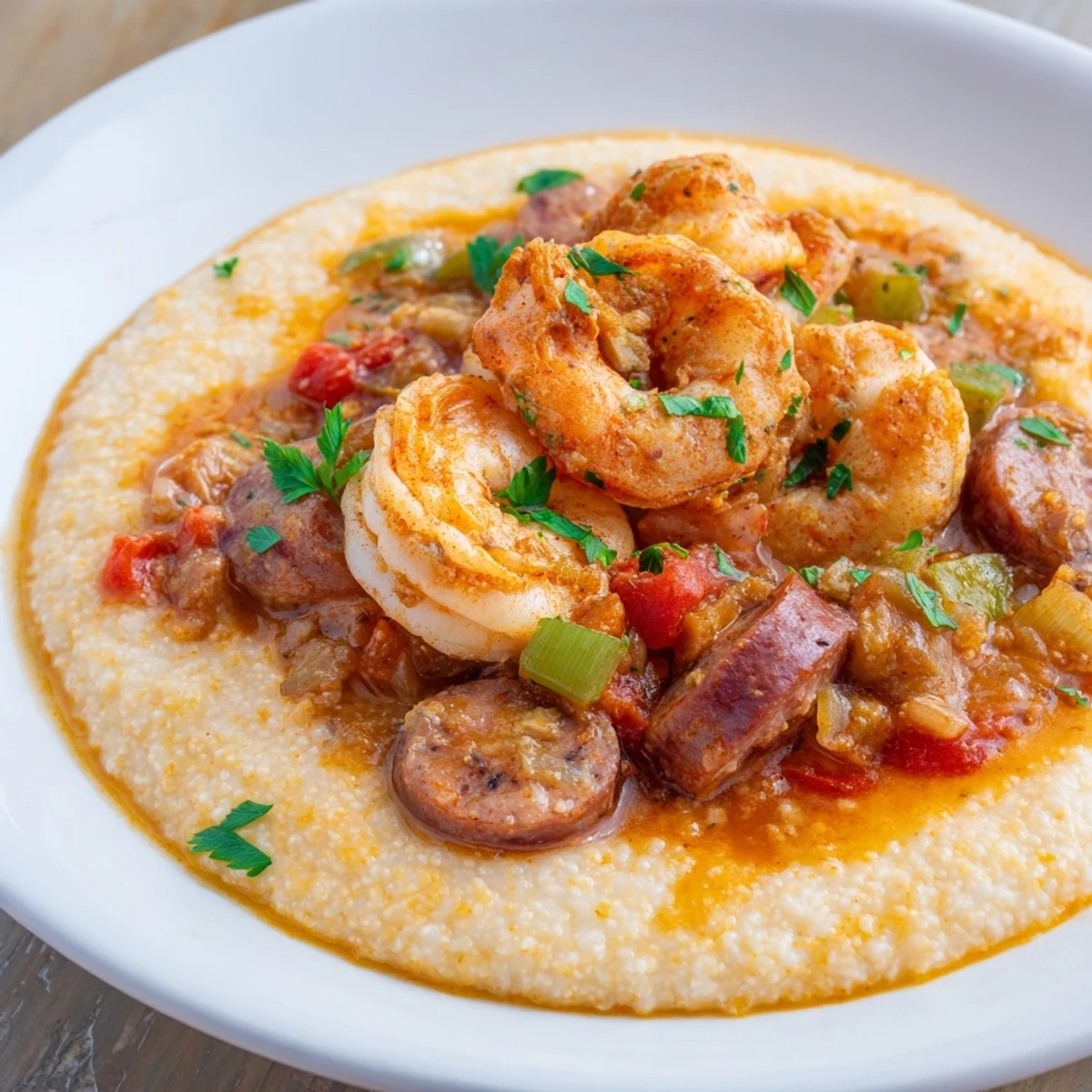 Savory Creole Shrimp and Grits served hot in a rustic bowl, garnished with fresh parsley and ready to enjoy.