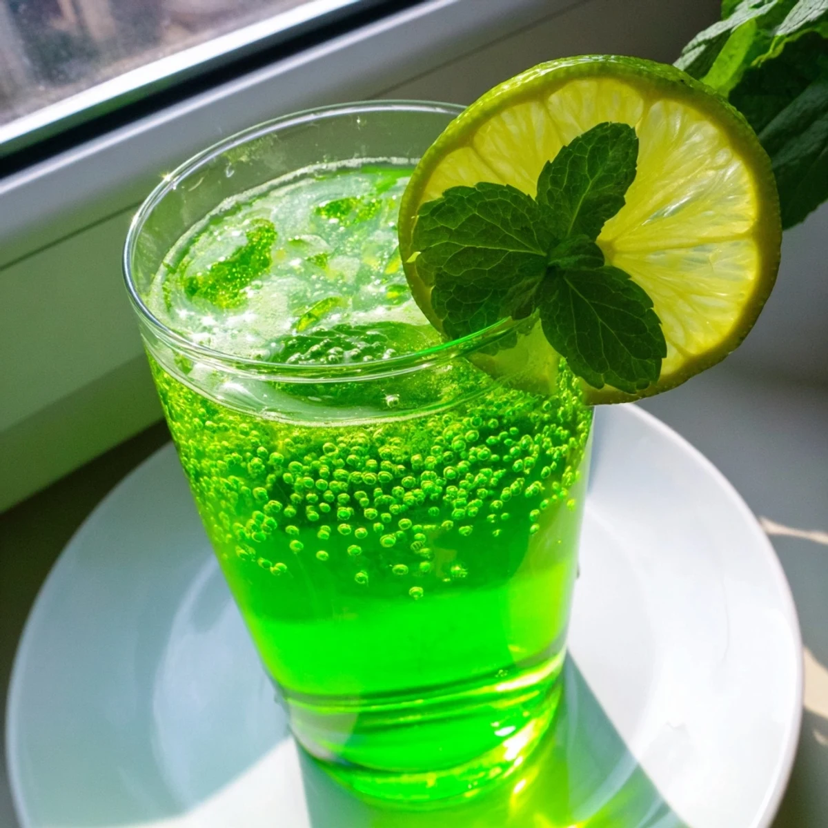Four glasses of vibrant green St. Patricks Day Green Beer Mocktail garnished with fresh lime wheels and mint sprigs, filled with ice and fizzing bubbles, ready for a festive St. Patrick's Day celebration.