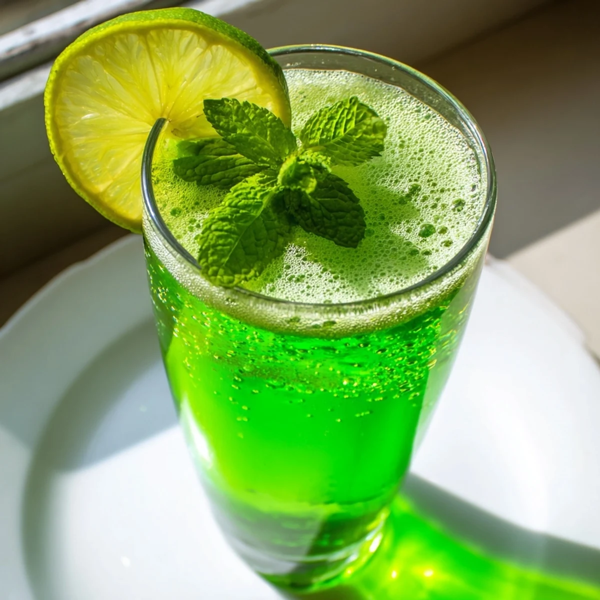 A tall pint glass of homemade St. Patricks Day Green Beer Mocktail with a vivid lime-green hue, clinking with ice cubes and a sprig of fresh mint for a refreshing sip.