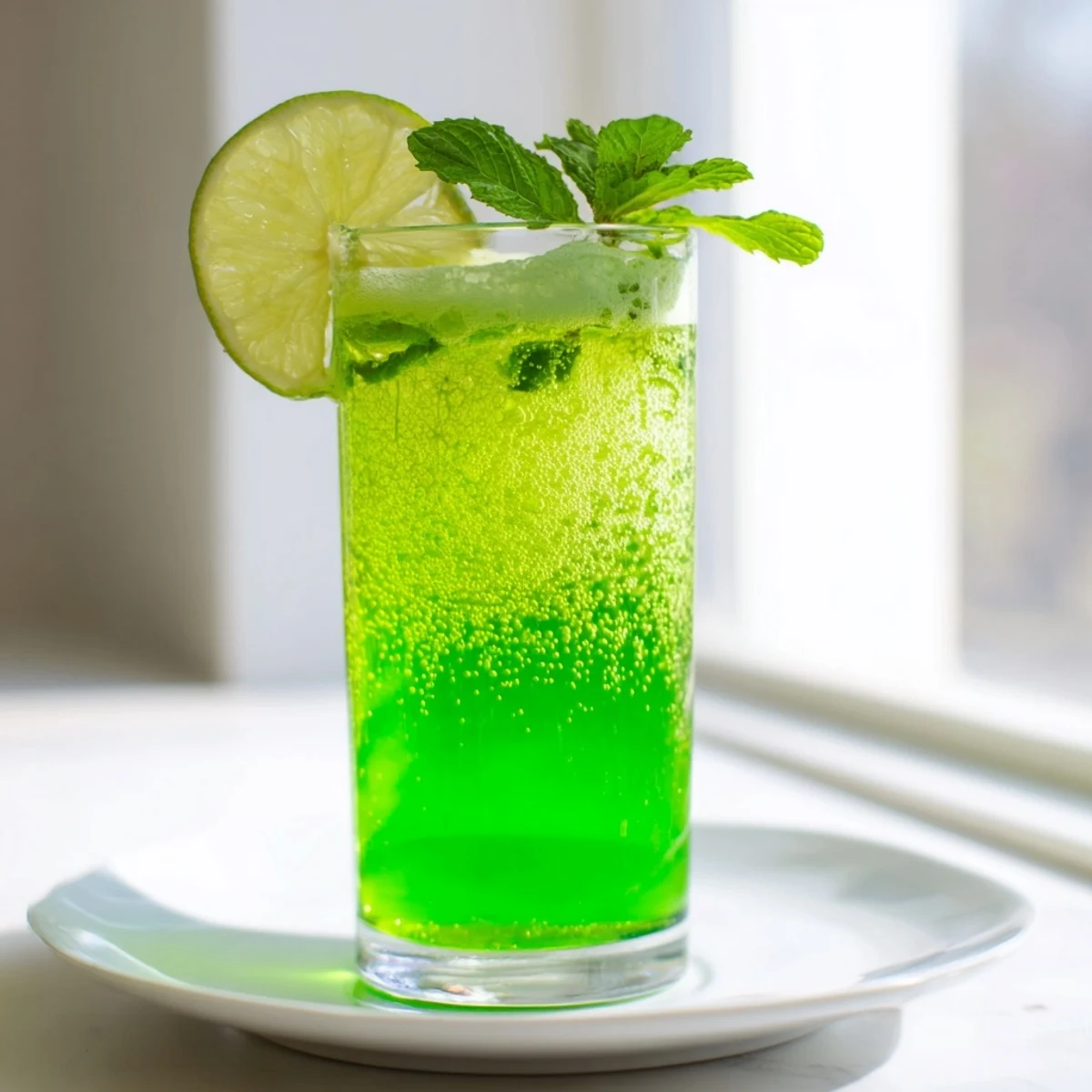 Close-up view of St. Patricks Day Green Beer Mocktail in a glass pitcher showing a bright emerald color and bubbly texture, with lime wedges and mint nearby for garnish.