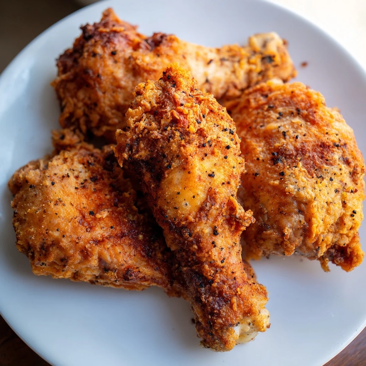 Golden-brown Cajun Fried Chicken pieces piled high on a wire rack, showing extra crispy seasoned coating and steam rising.