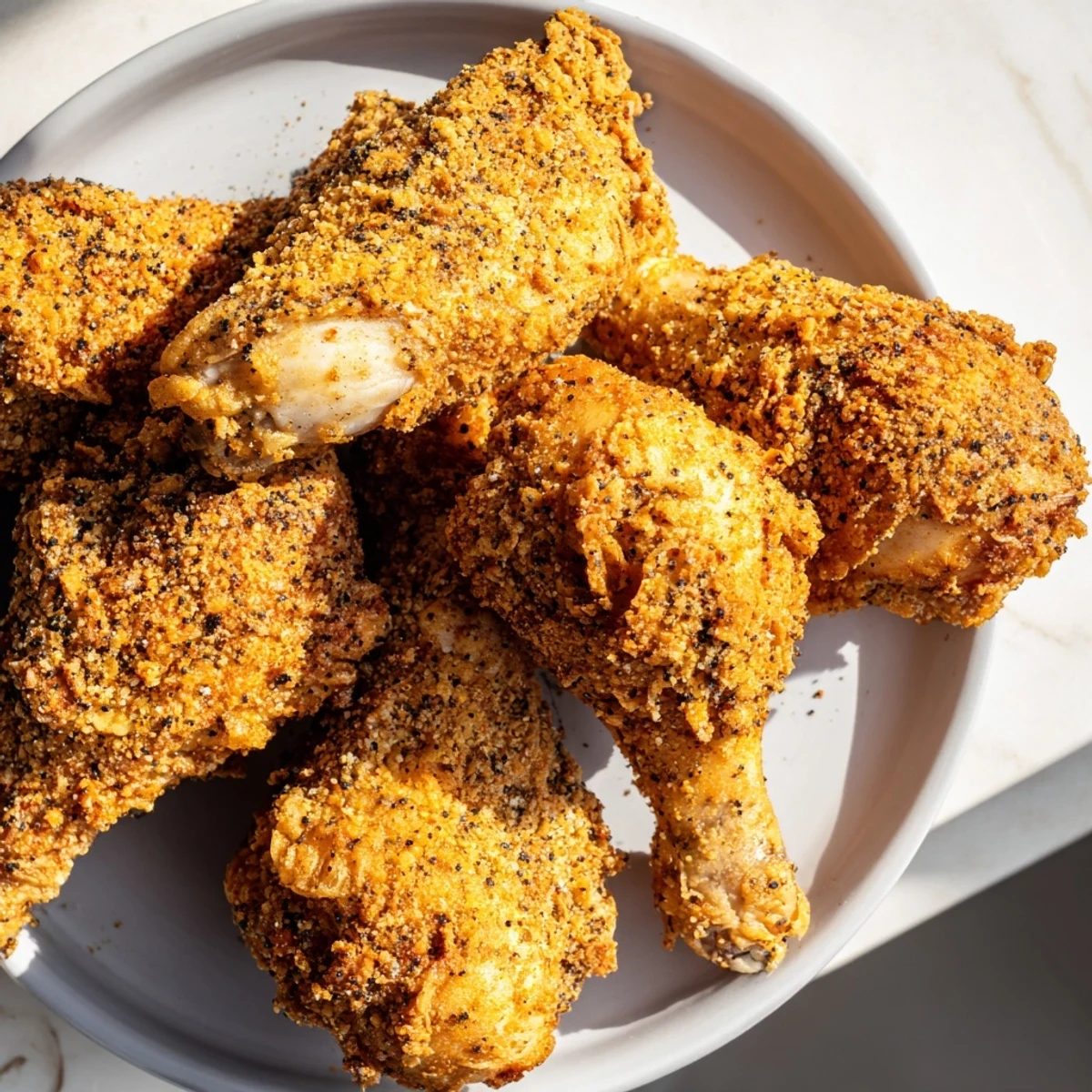 Cajun Fried Chicken drumsticks and thighs on a checkered napkin with spicy dipping sauce and lemon wedges nearby.