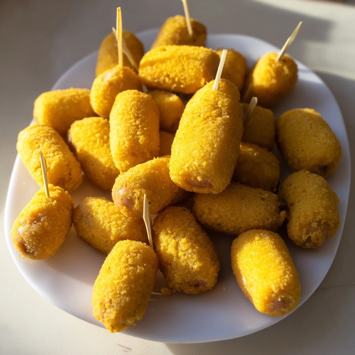 Golden-brown Super Bowl Corn Dog Nuggets on a platter with toothpicks, served alongside ketchup and mustard dipping sauces.
