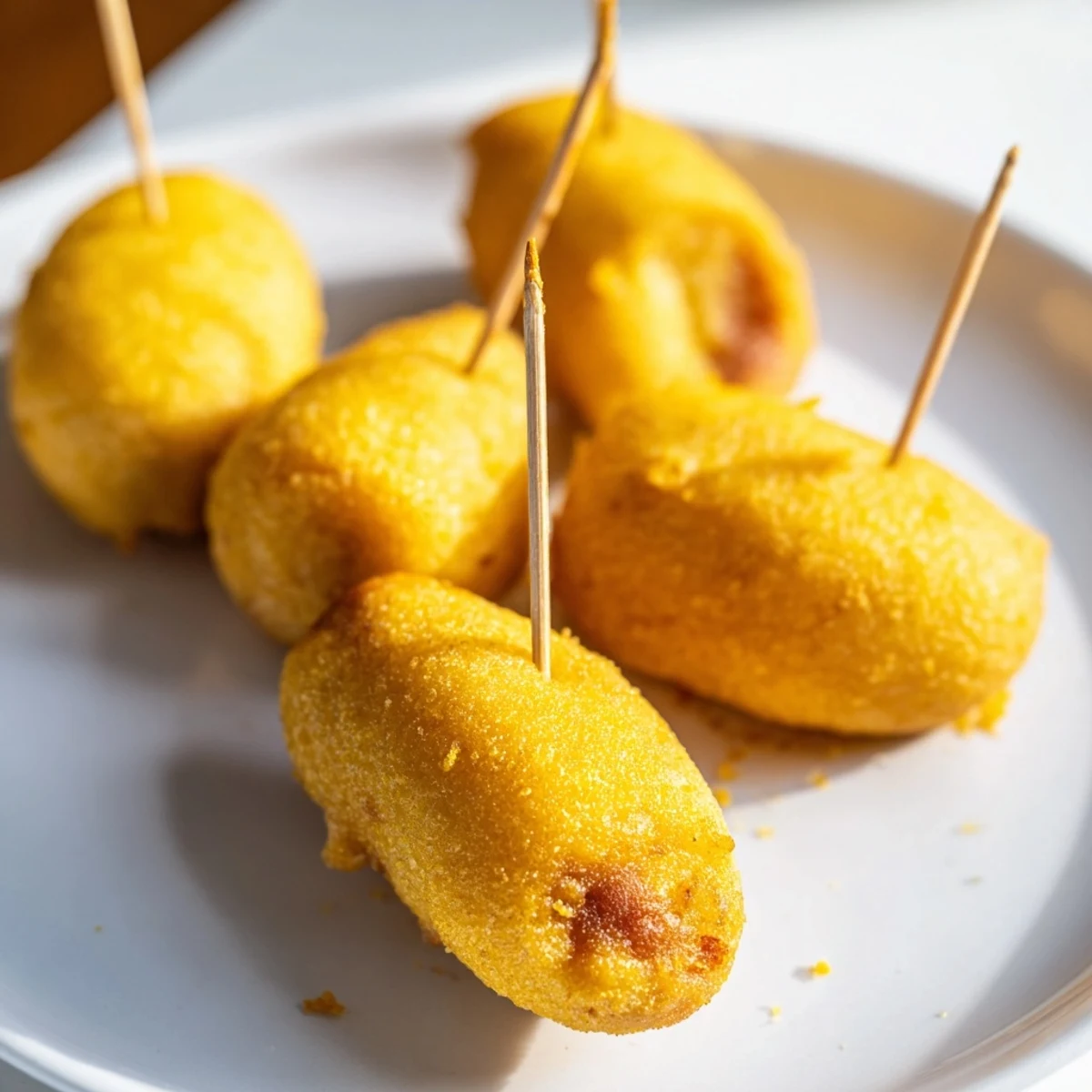 Freshly fried Super Bowl Corn Dog Nuggets arranged on a paper towel-lined plate, ready for a game day snack.