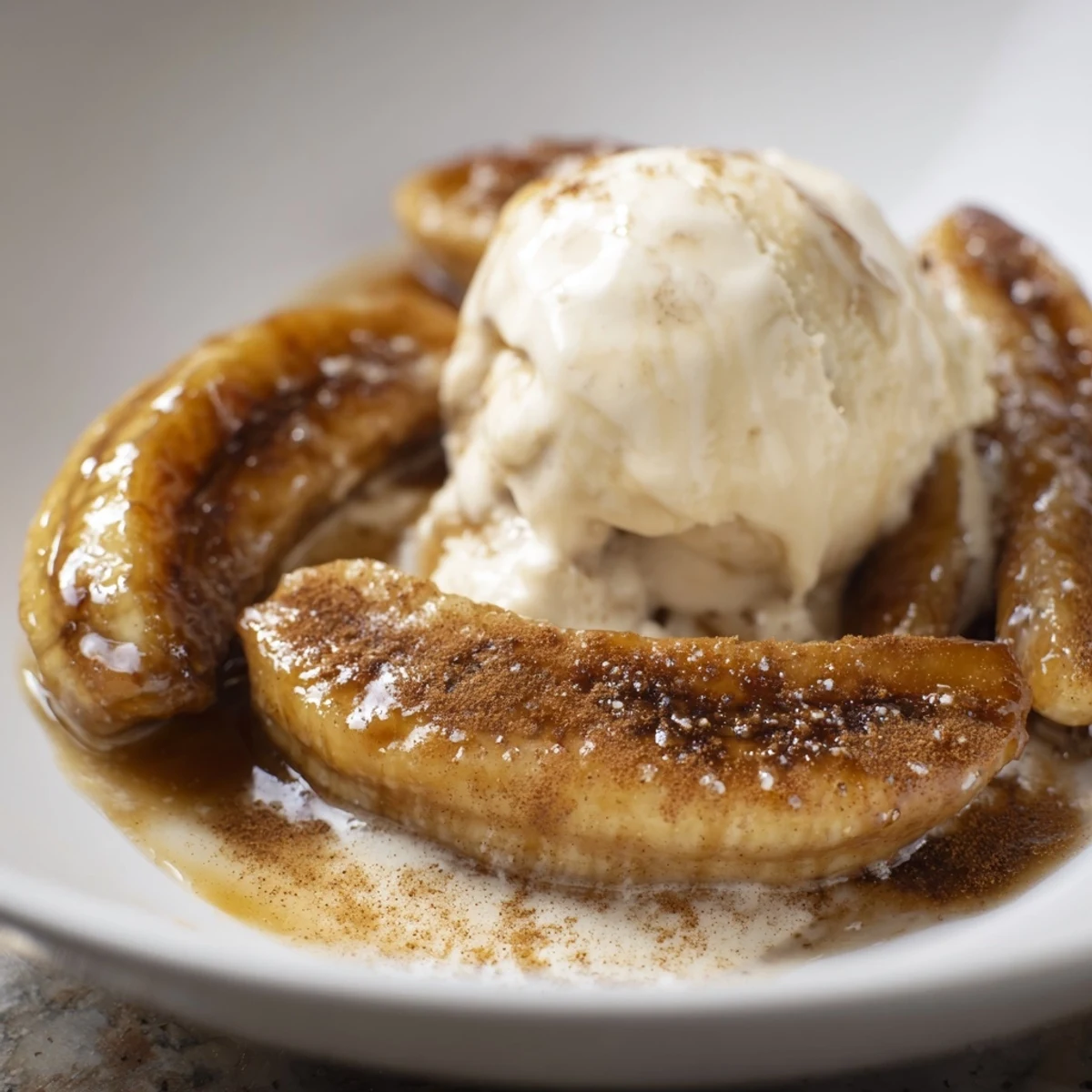 Bananas Foster dessert topped with toasted pecans and caramel sauce on a white plate.