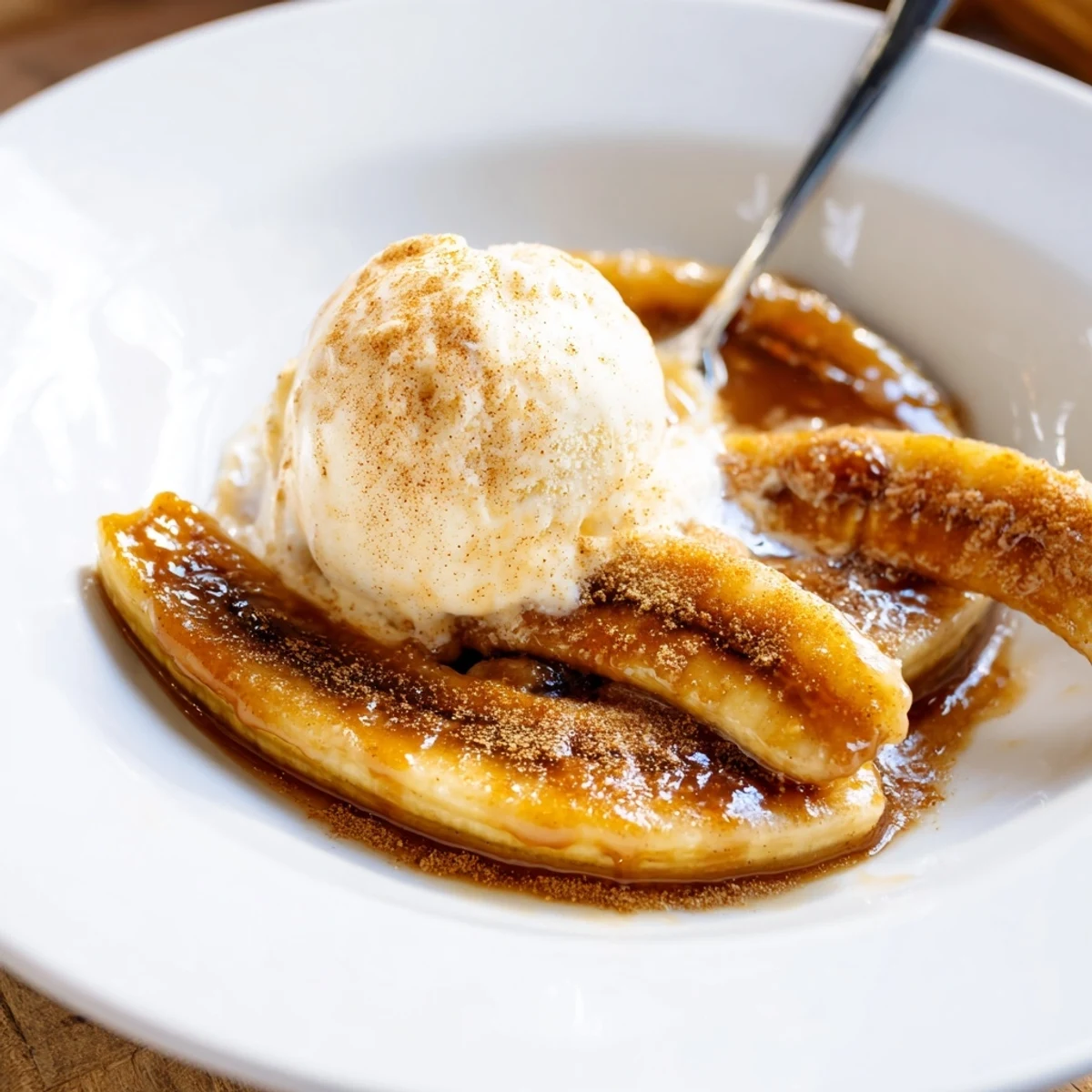 Skillet-cooked Bananas Foster with soft bananas and rich brown sugar sauce over ice cream.