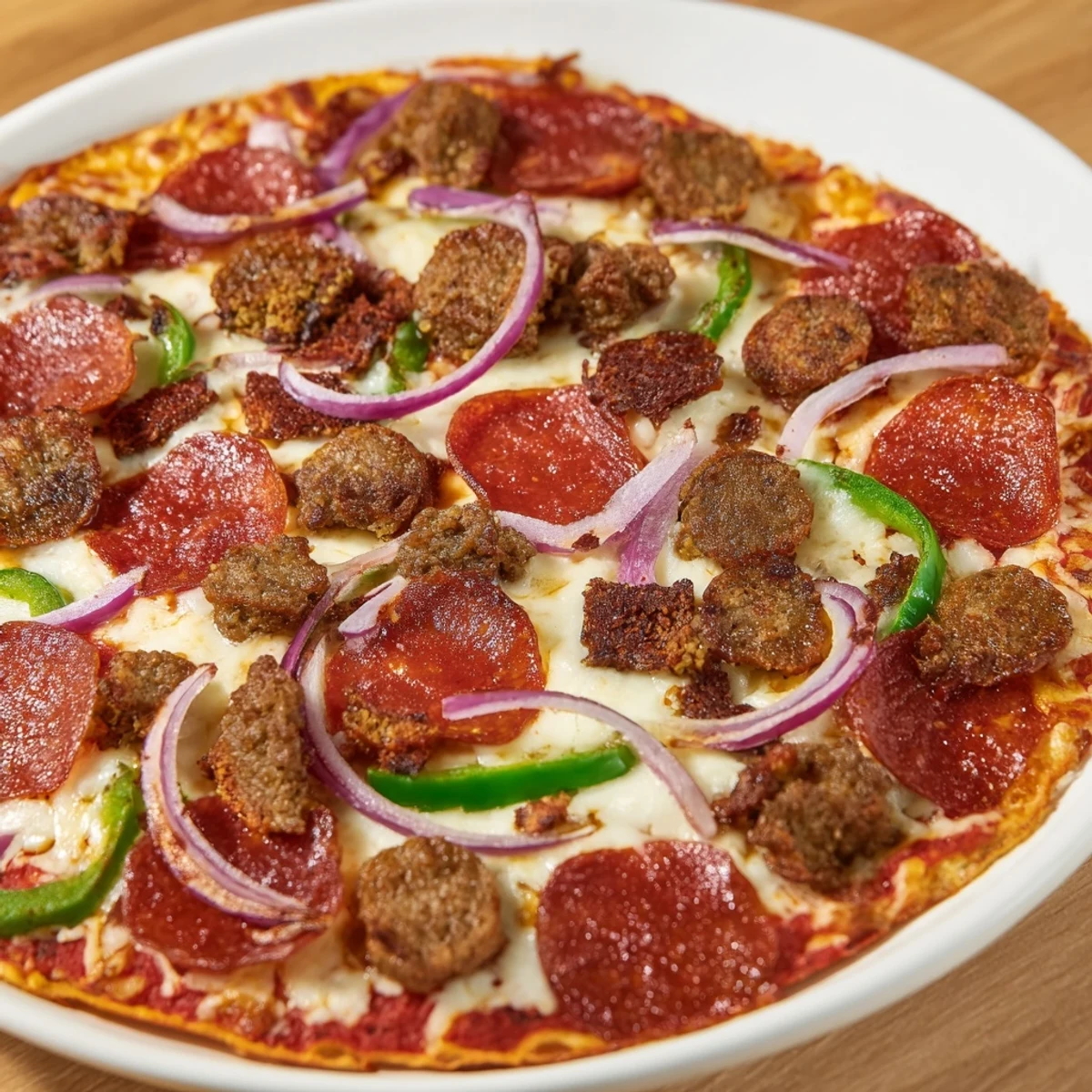 Freshly baked MVP Meat Lover Pizza with golden crust, loaded with halal beef pepperoni, sausage, bacon, and melty mozzarella.