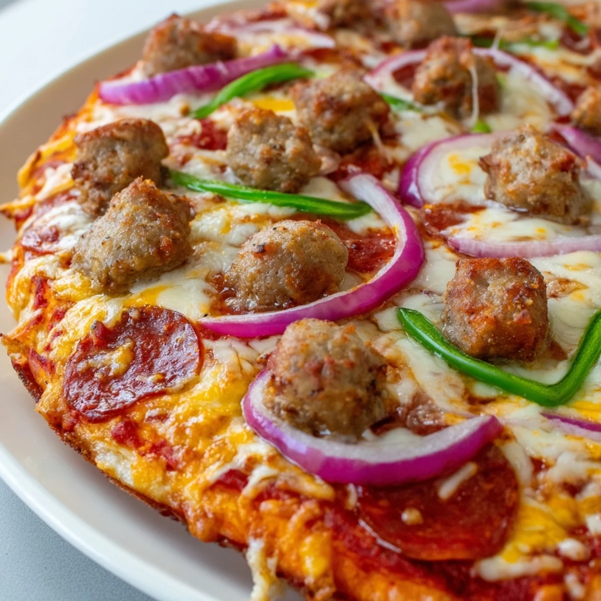 Sizzling MVP Meat Lover Pizza topped with seasoned ground beef, crisp onions, and green peppers, served hot from the oven.