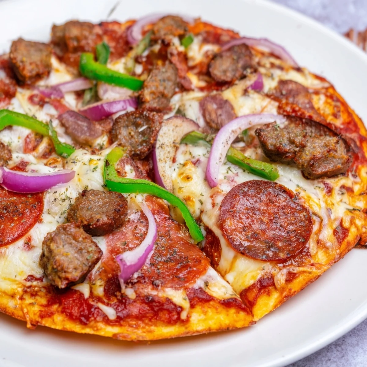 Stuffed MVP Meat Lover Pizza slice revealing layers of cheddar and mozzarella, halal meats, and robust tomato sauce on a dinner plate.