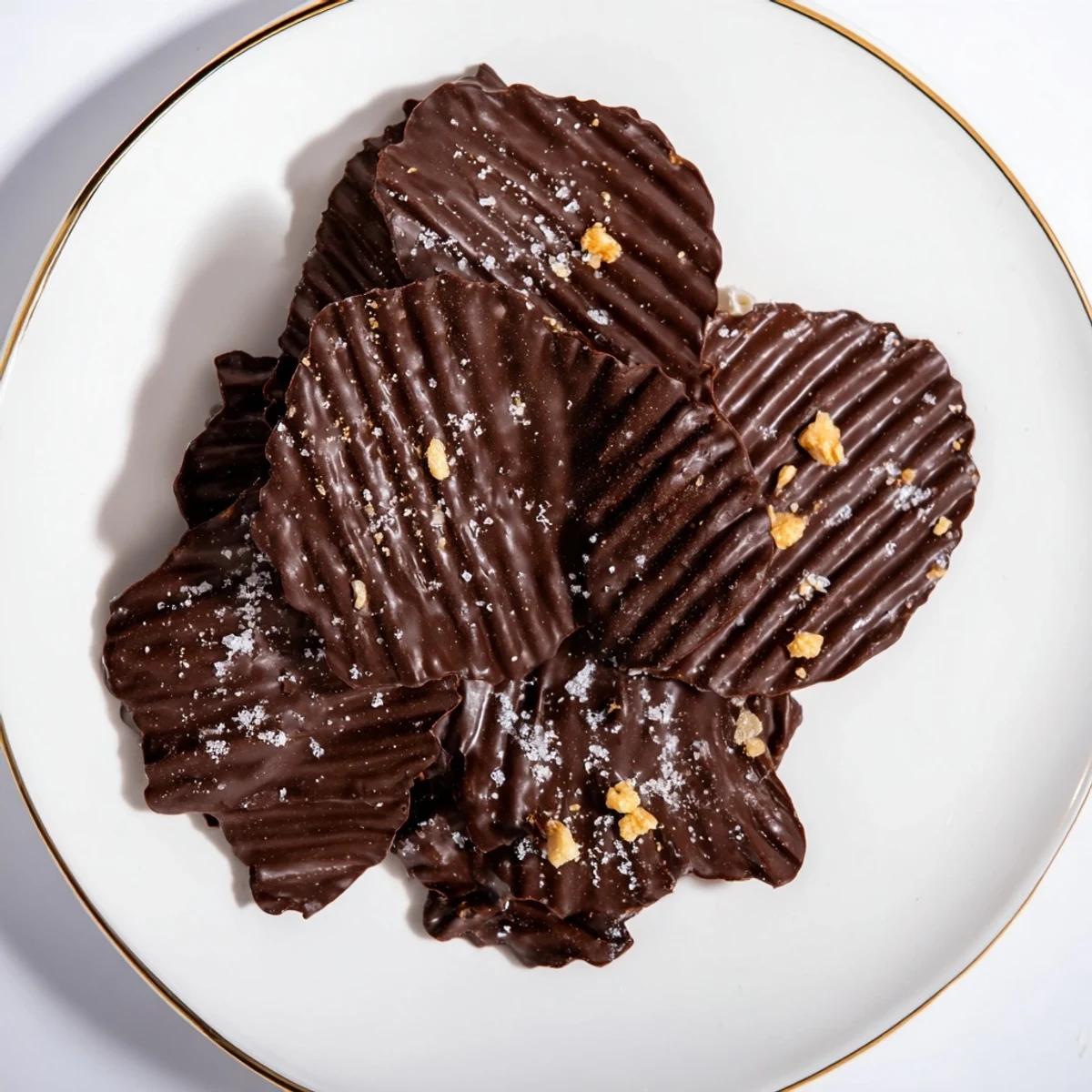 Golden Chocolate Covered Potato Chips on a white plate, with a sprinkle of sea salt flakes for a sweet and salty snack.