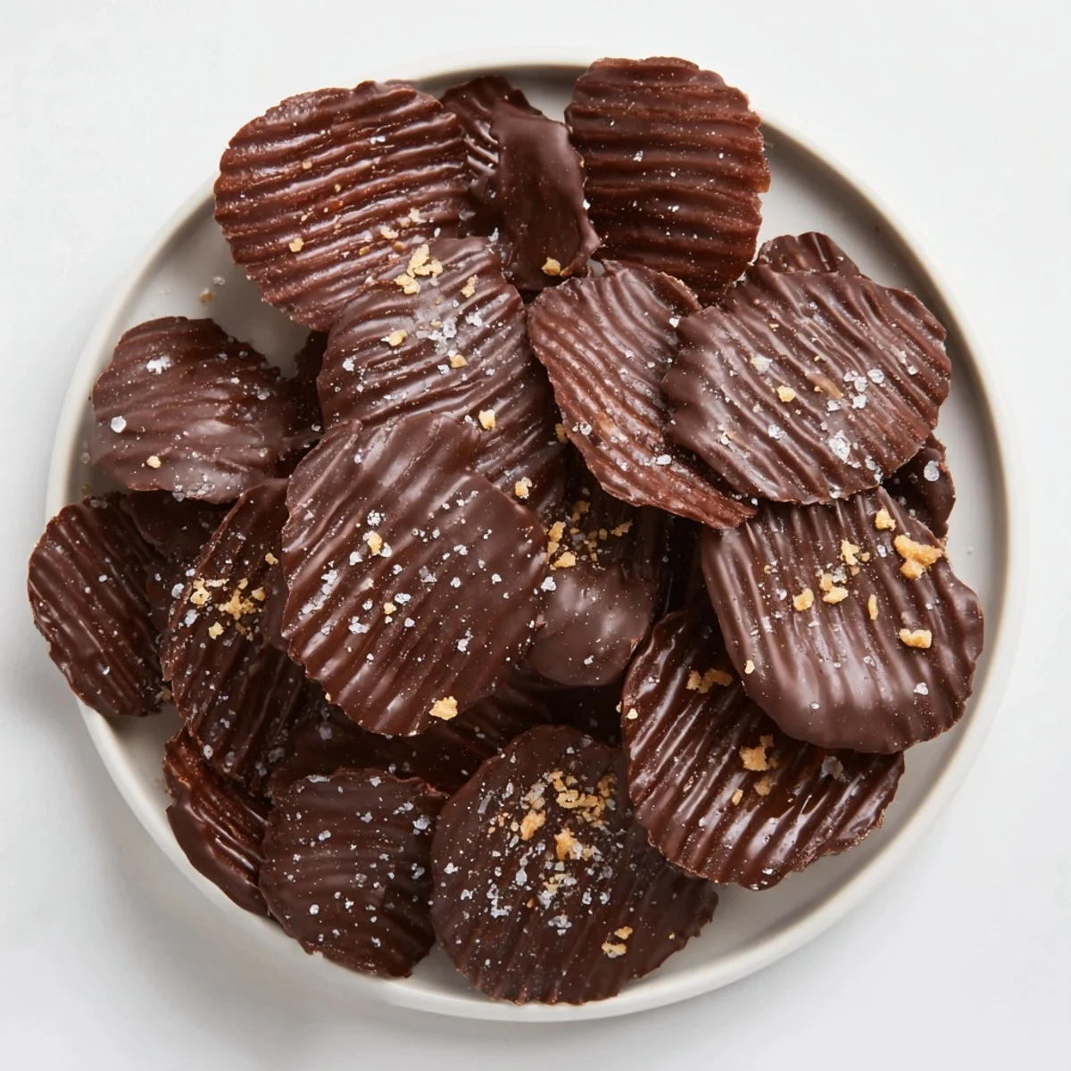A batch of homemade Chocolate Covered Potato Chips scattered on parchment paper, ready to be served at a party.